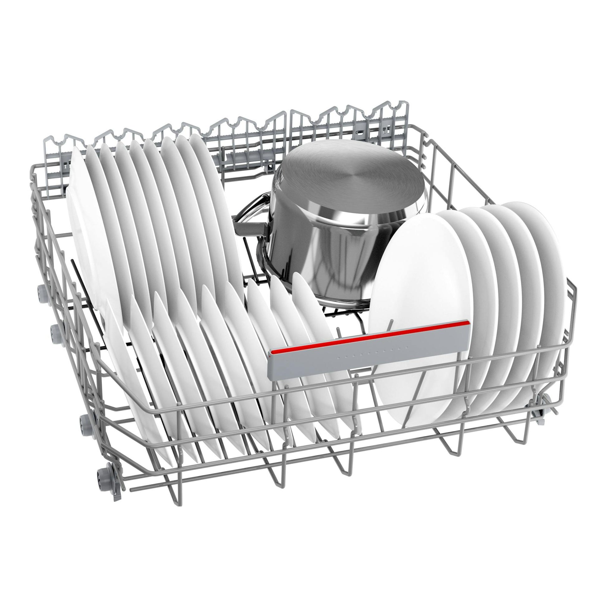 Bosch SMS4ECI28E: cesta de lavavajillas en vista en perspectiva con platos blancos y una olla metálica sobre fondo blanco.