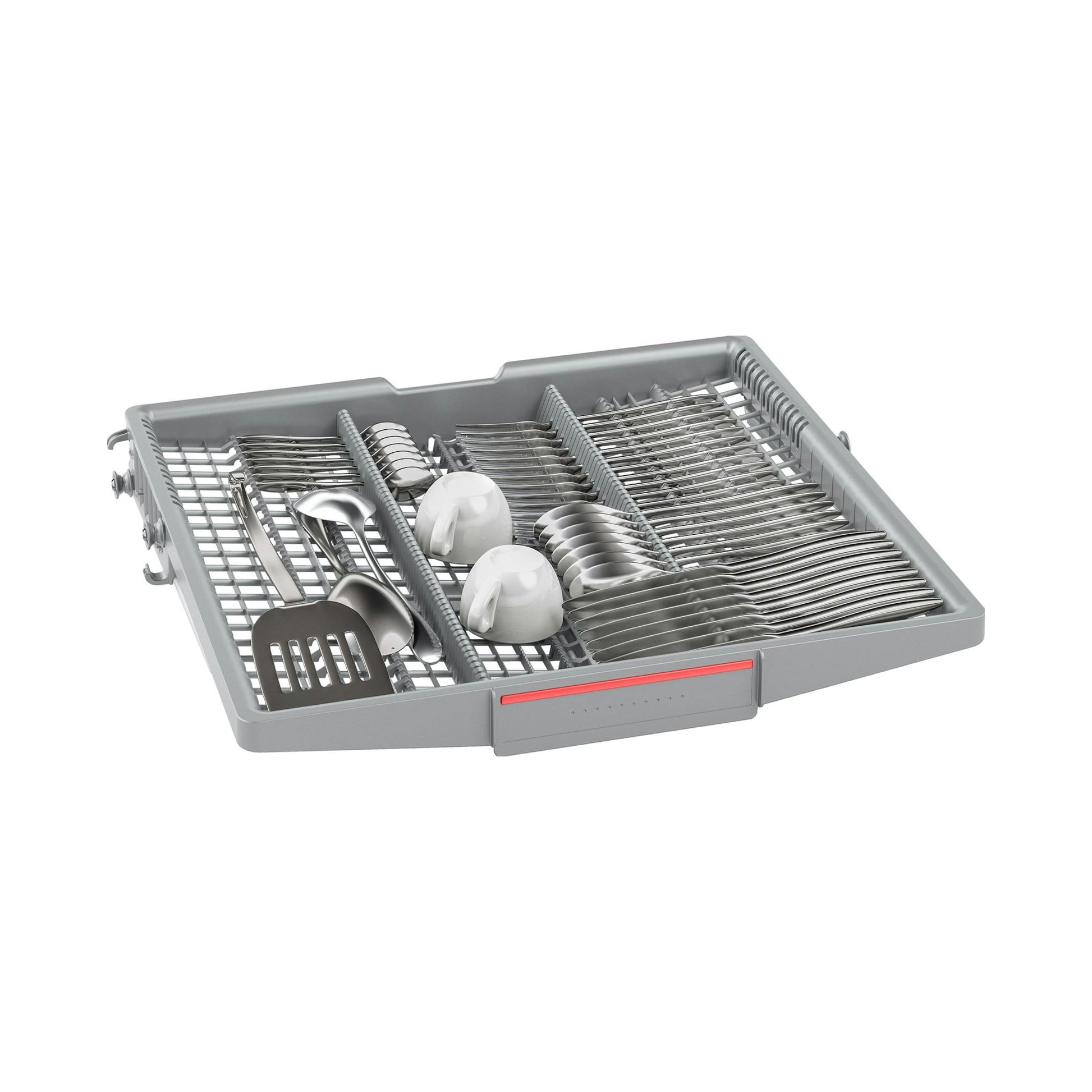 Bandeja para cubiertos de lavavajillas Bosch SMV4ECX21E, con cucharas, tenedores y tazas, vista superior.