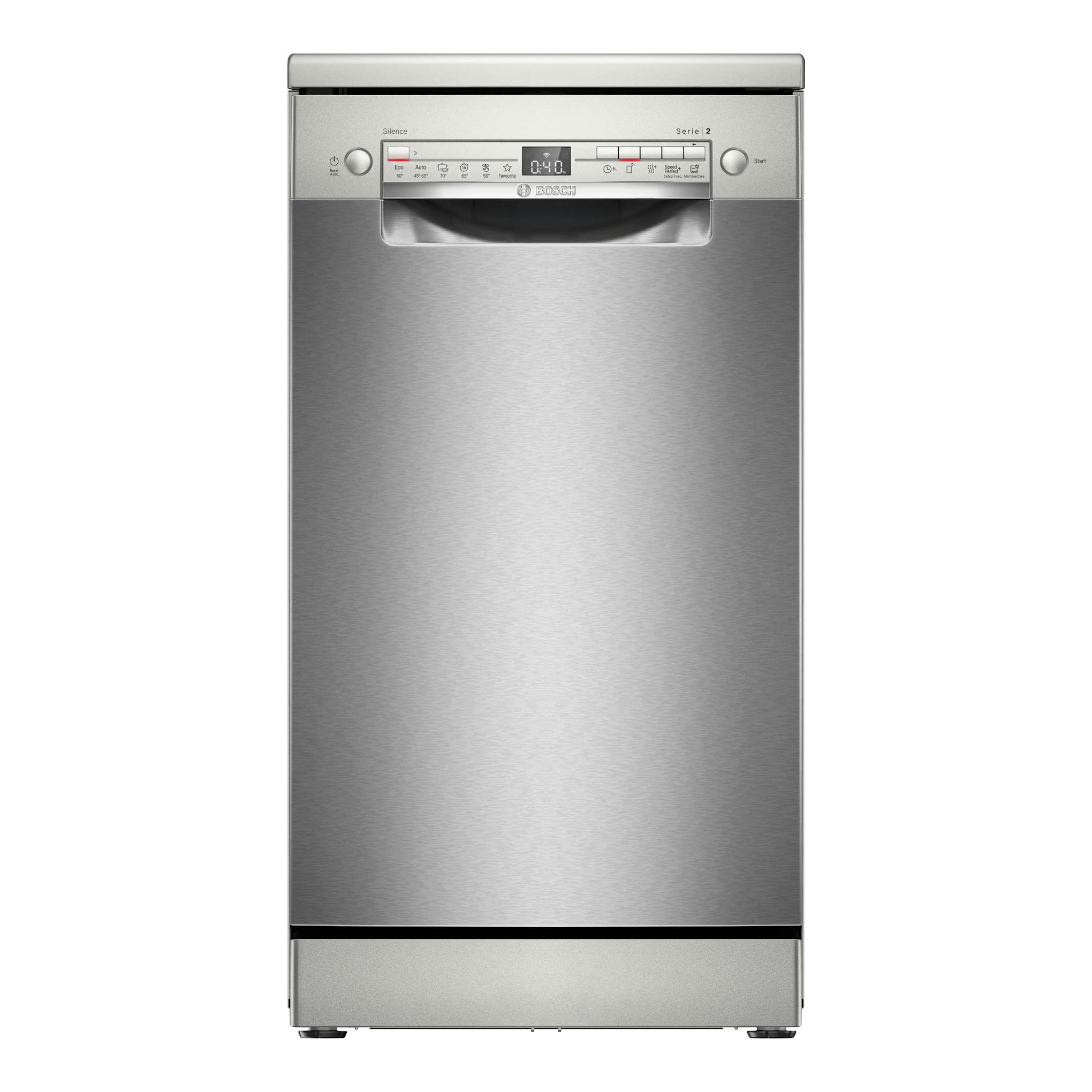 Lavavajillas Bosch SPS2HKI55E en inox, vista frontal, con panel de control superior.