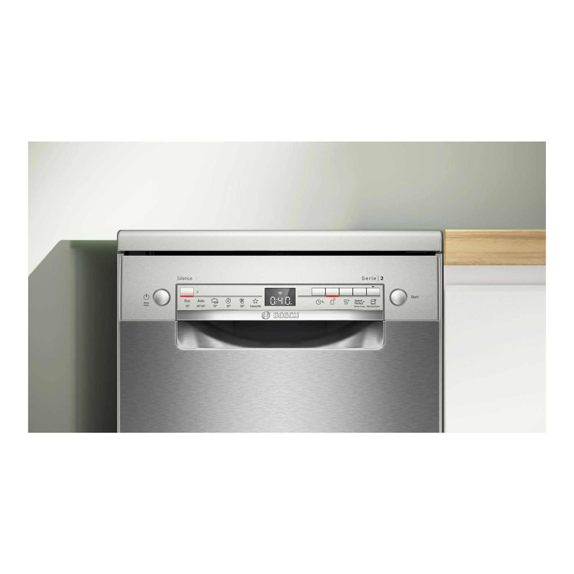 Lavavajillas Bosch SPS2HKI55E, vista frontal, acabado inox y panel de control visible.