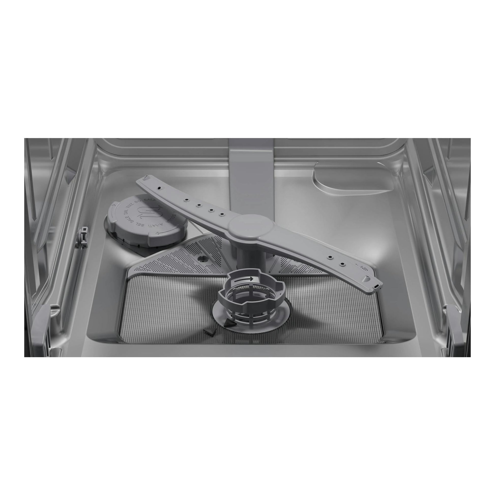 Interior de lavavajillas Bosch SPS2HKI55E en inox, con brazos rociadores y filtro, vista frontal.
