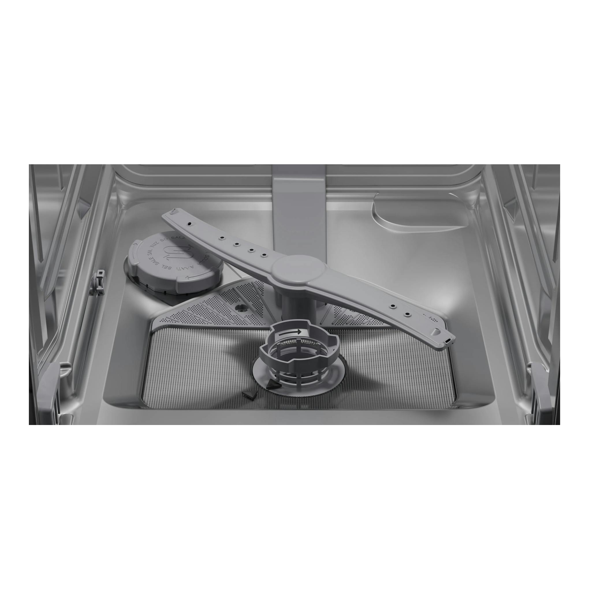 Interior de lavavajillas Bosch SPS2HKI55E en inox, con brazos rociadores y filtro, vista frontal.