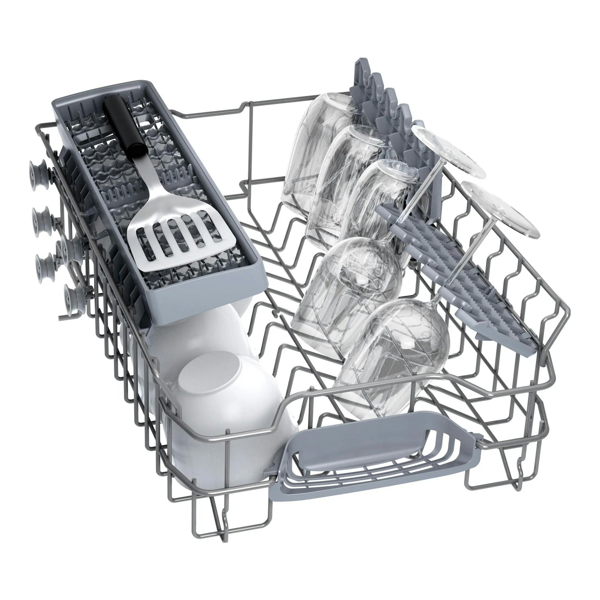Bosch SPS2HKI55E: cesto de lavavajillas gris con copas, vasos y utensilios, vista en perspectiva.