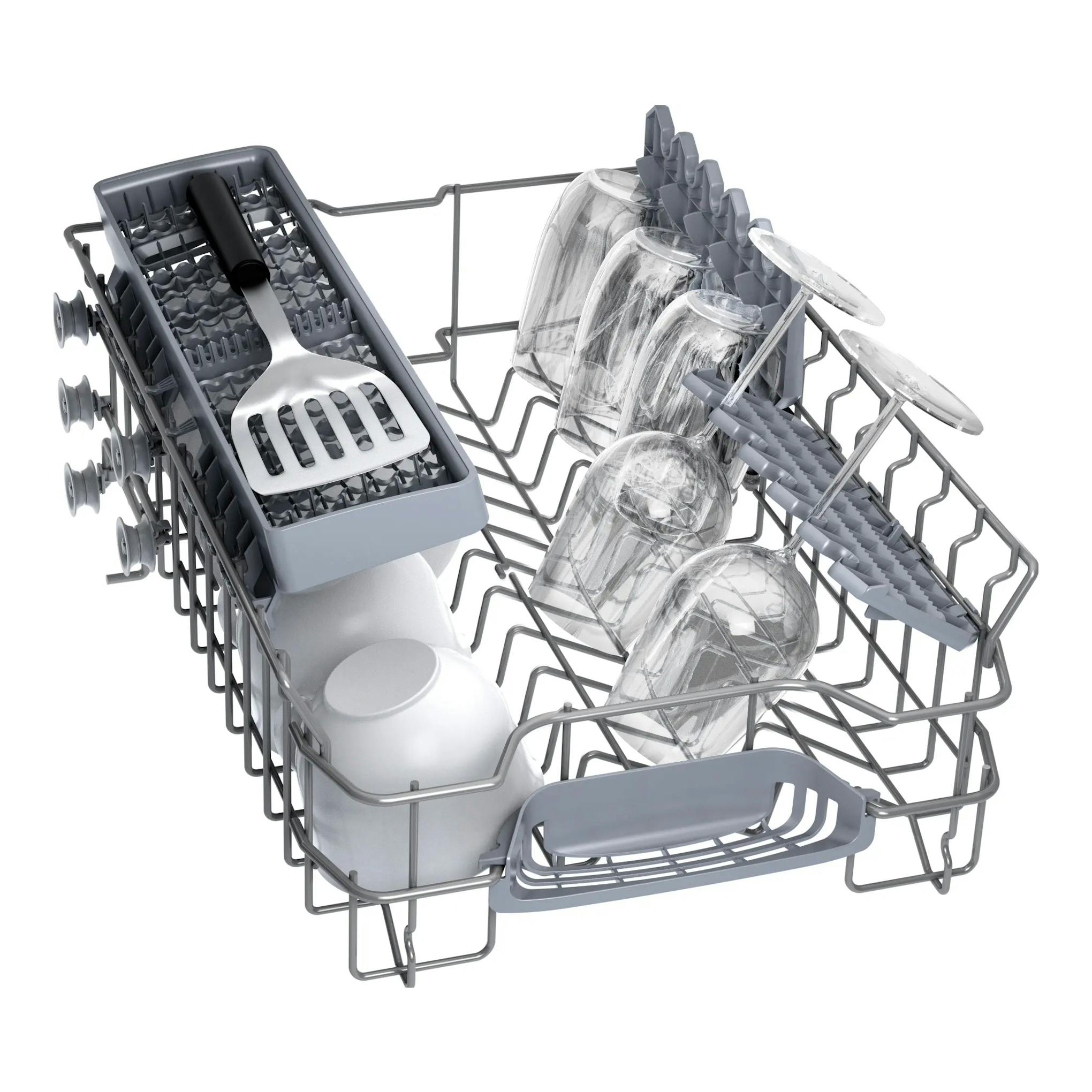 Bosch SPS2HKI55E: cesto de lavavajillas gris con copas, vasos y utensilios, vista en perspectiva.