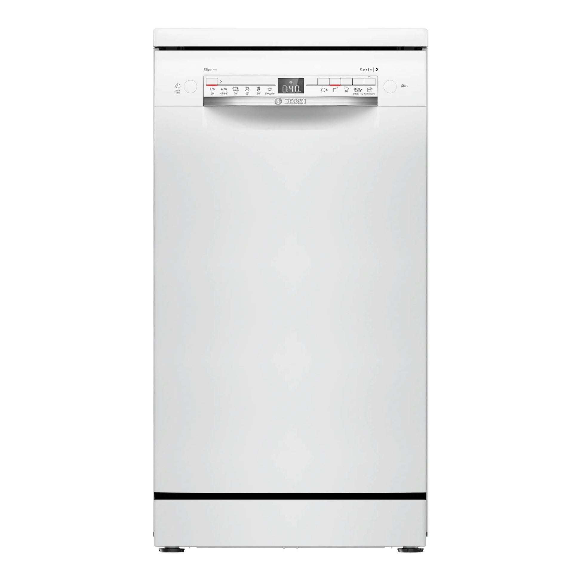 Lavavajillas Bosch SPS2HKW55E blanco, vista frontal, libre instalación, panel de control superior.