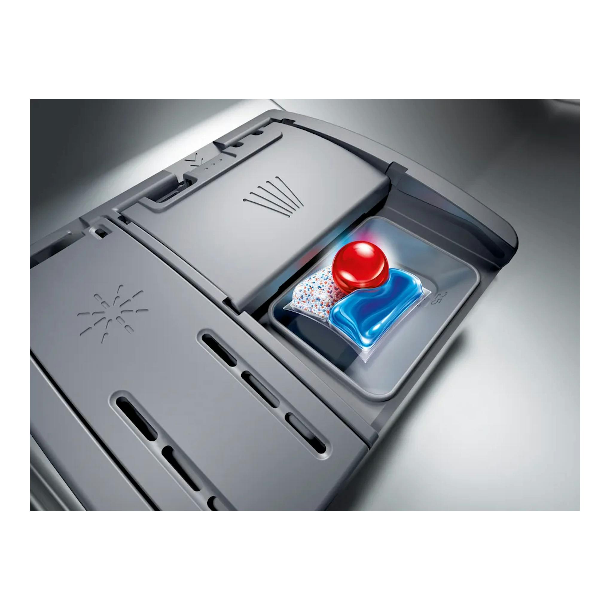 Lavavajillas Bosch SPS4EMI17E gris, vista superior del compartimento de detergente con pastilla.