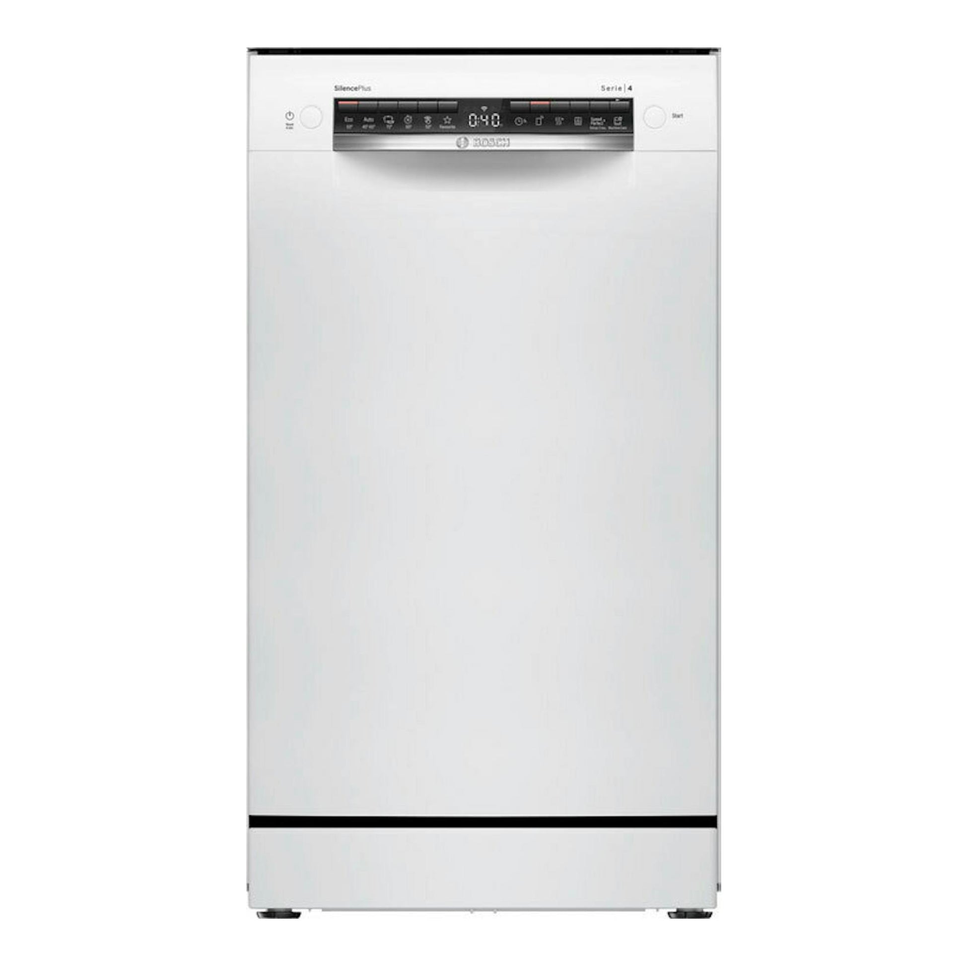 Lavavajillas Bosch SPS4HMW49E blanco, vista frontal, panel de control superior y puerta lisa.