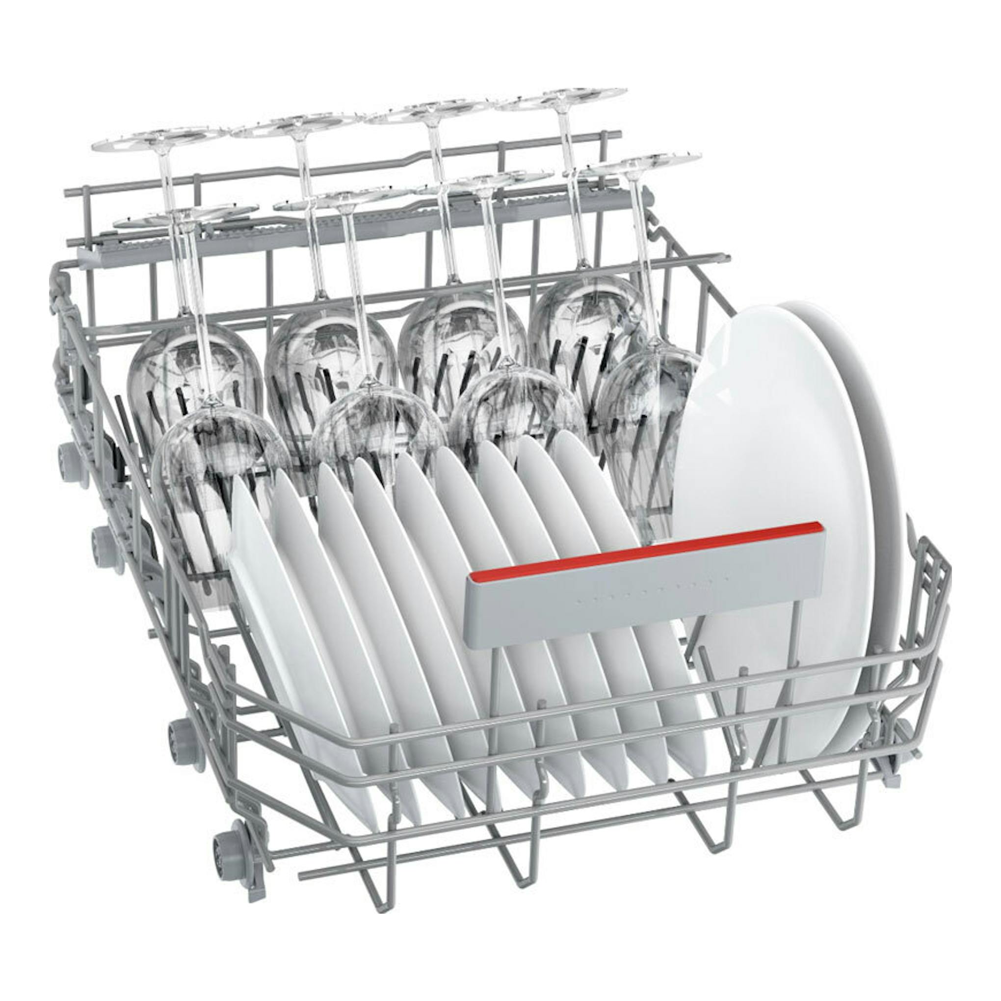 Cesta de lavavajillas Bosch SPS4HMW49E en perspectiva, con platos blancos y copas de vidrio.