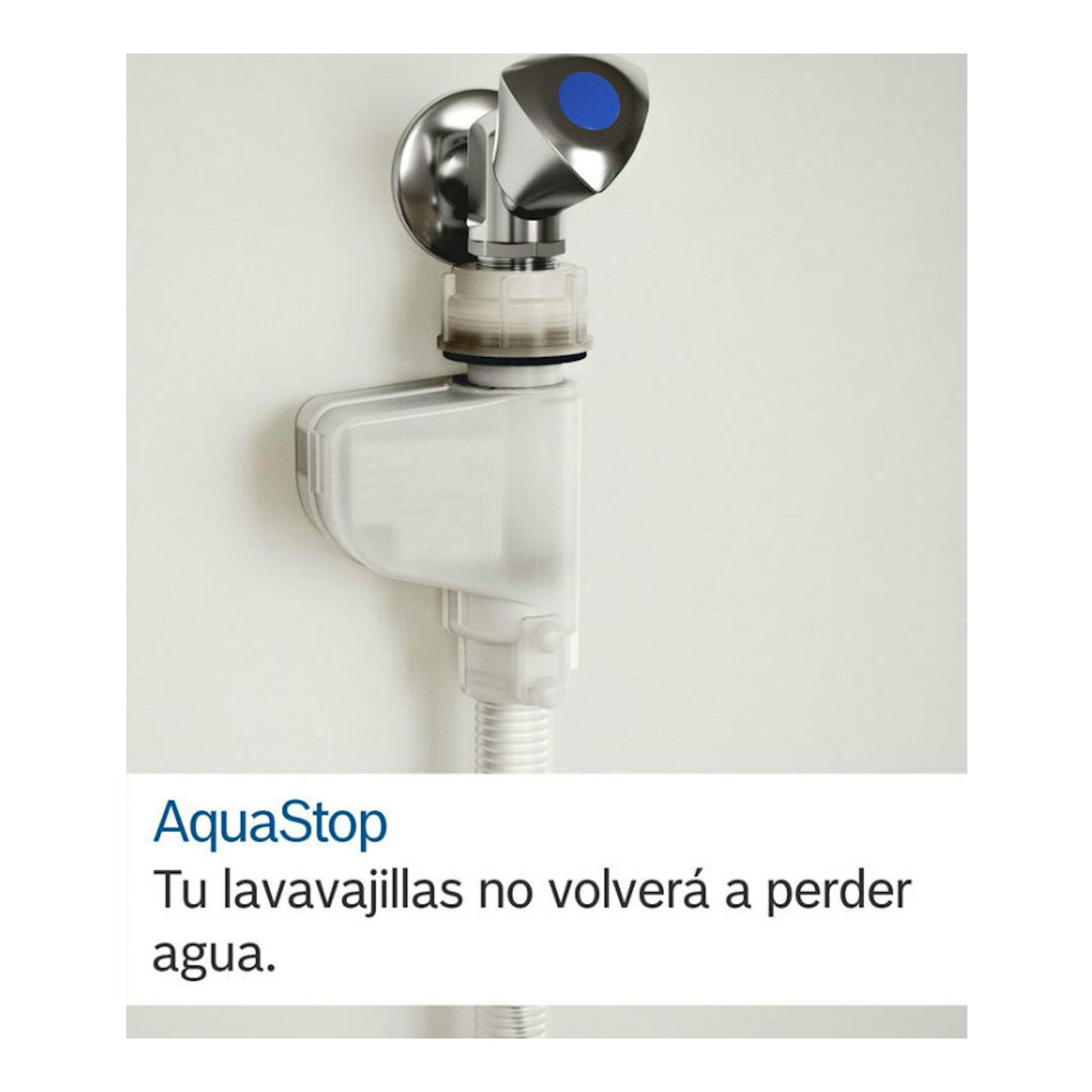 Bosch AquaStop: válvula y manguera de seguridad para lavavajillas, vista frontal sobre fondo blanco.