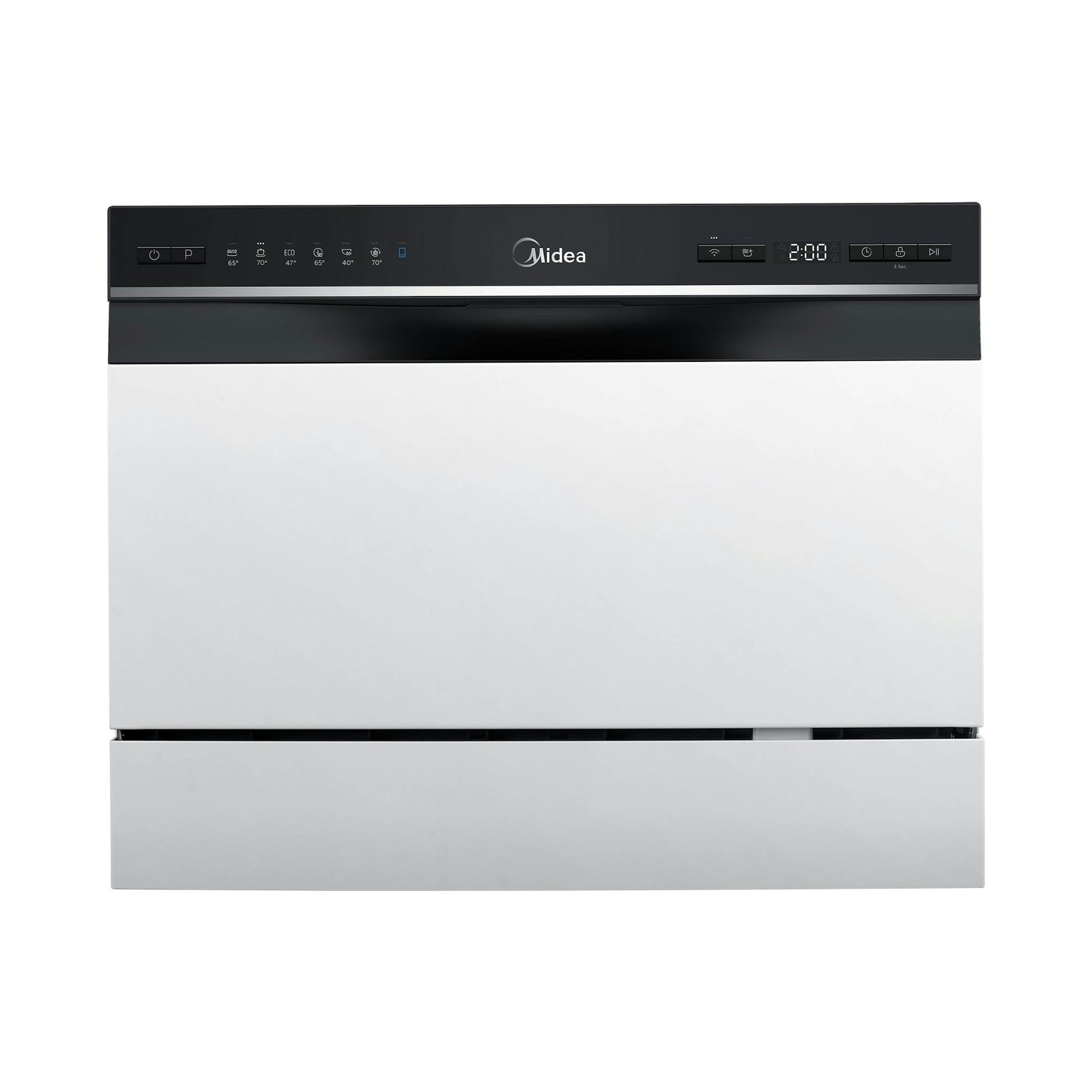 Lavavajillas compacto Midea MTD55S400W-GR, vista frontal, blanco y negro, sobre fondo blanco.