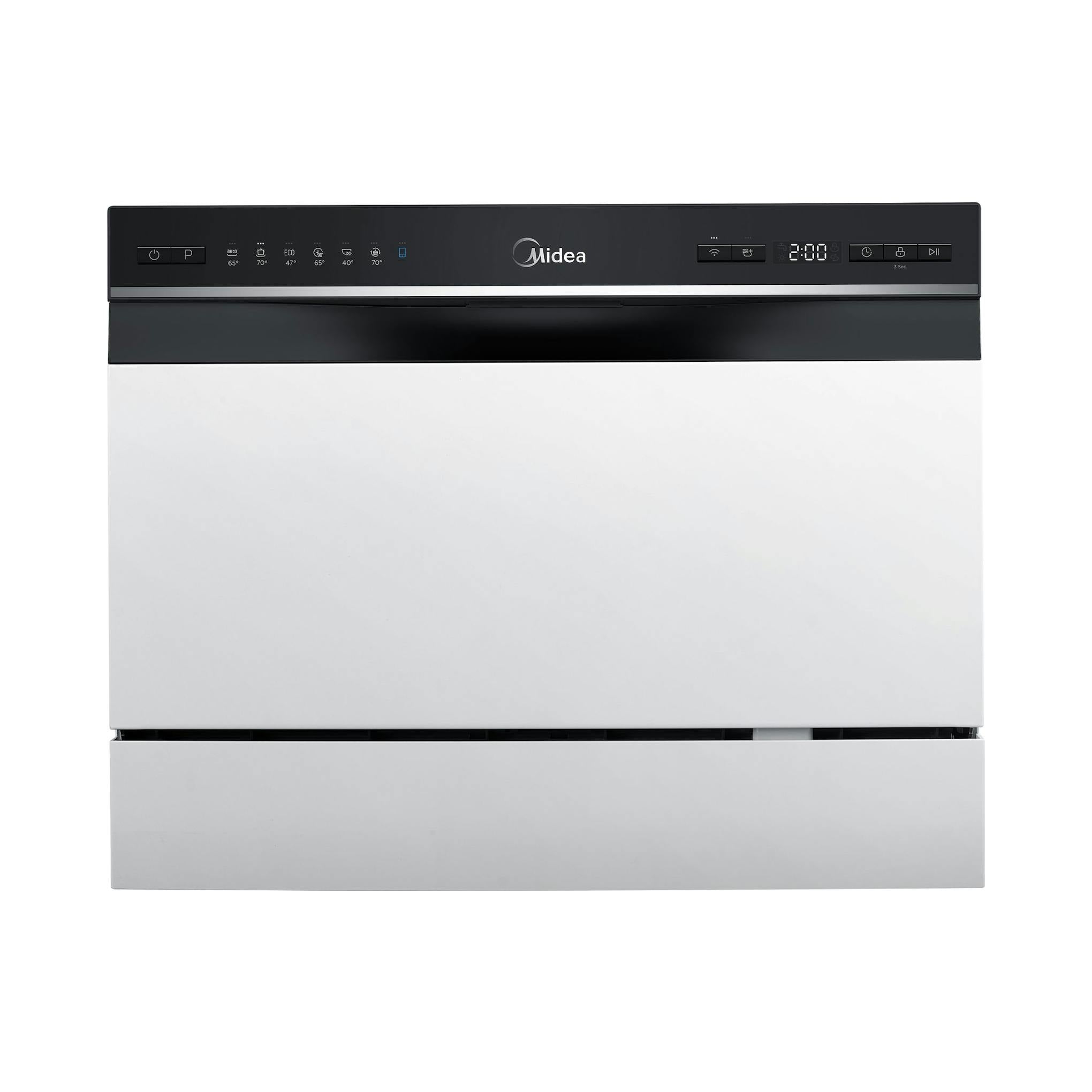 Lavavajillas compacto Midea MTD55S400W-GR, vista frontal, blanco y negro, sobre fondo blanco.