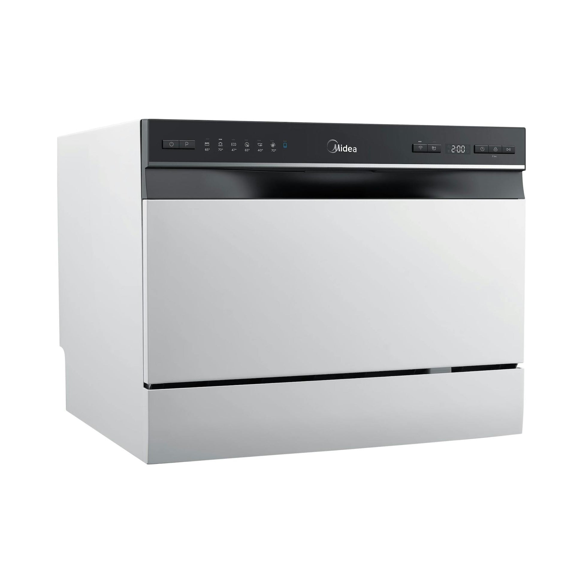 Lavavajillas compacto Midea MTD55S400W-GR, vista frontal en blanco y negro, sobre fondo blanco.