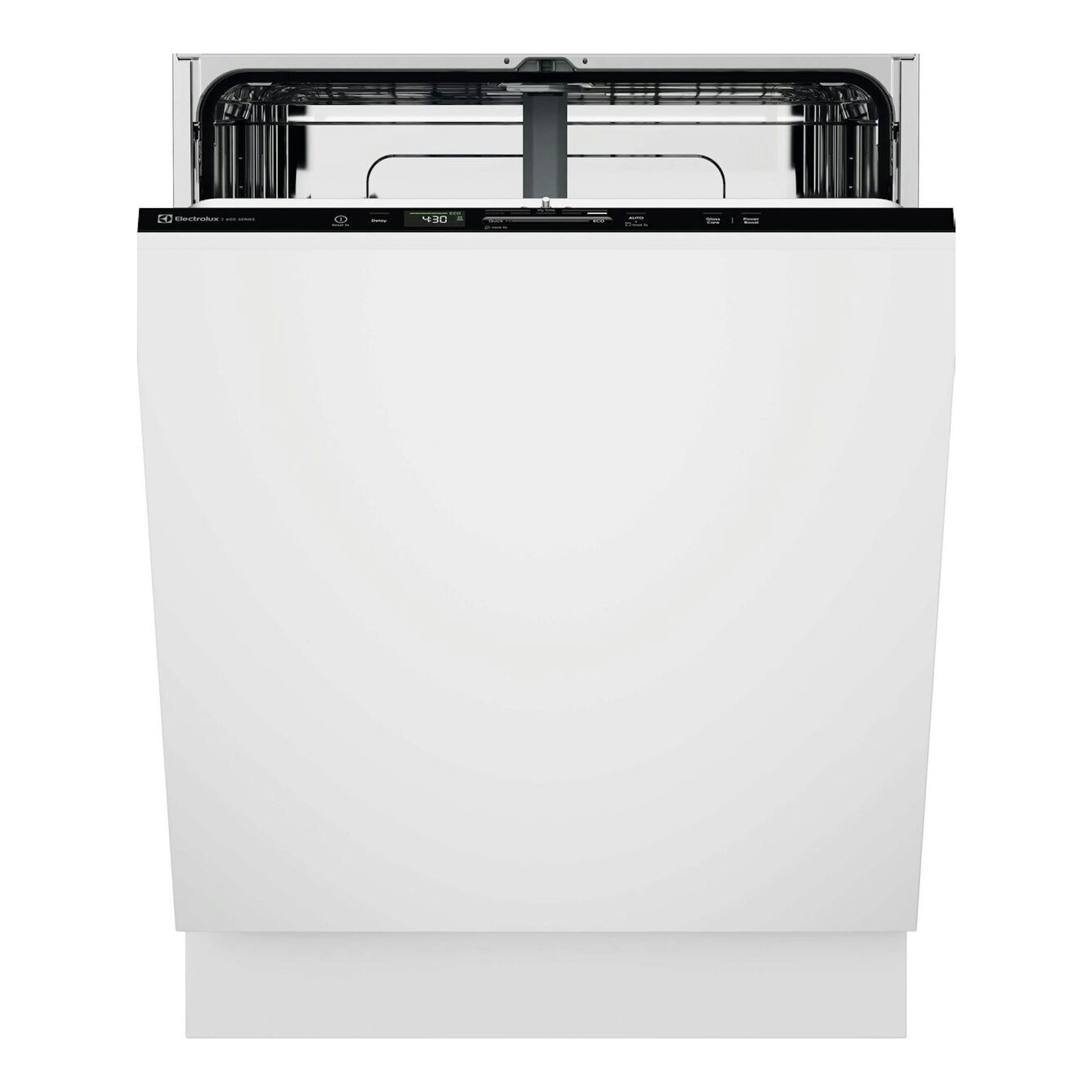Lavavajillas integrable Electrolux E62LB100S, vista frontal, puerta blanca abierta y panel negro.
