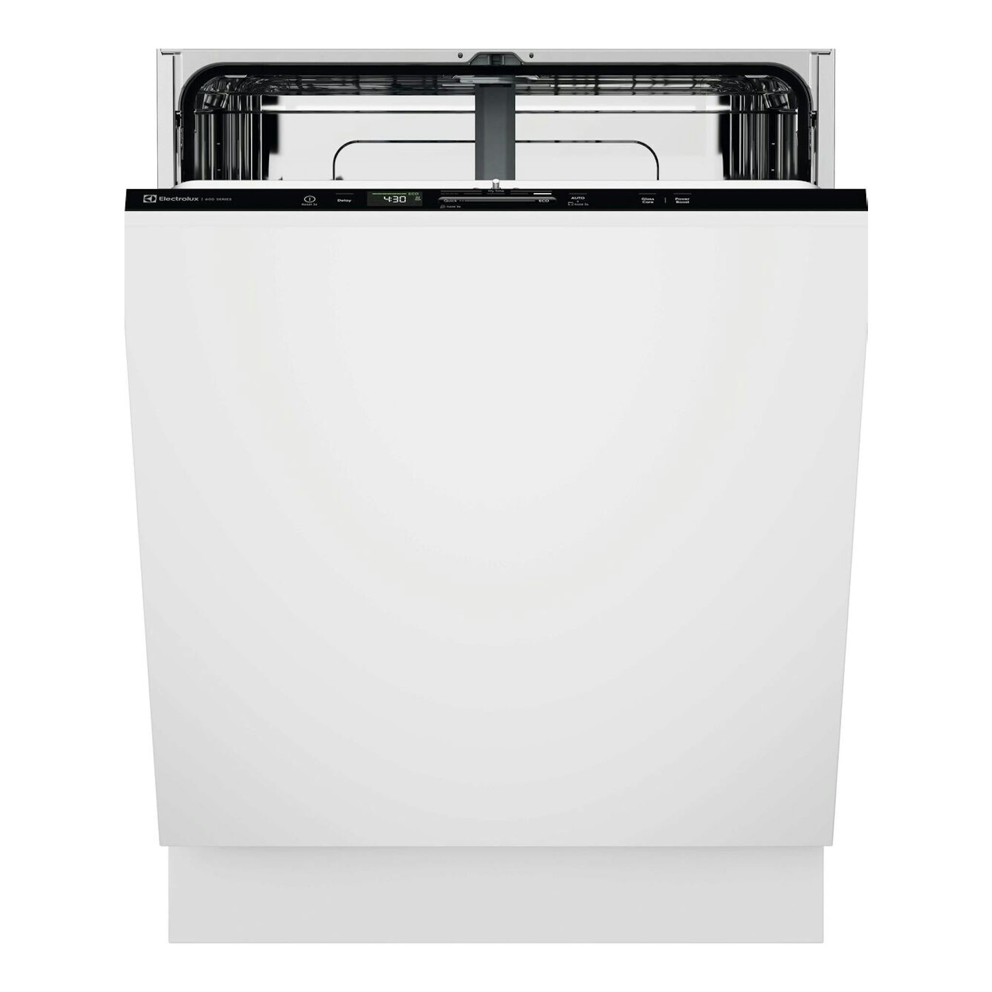 Lavavajillas integrable Electrolux E62LB100S, vista frontal, puerta blanca abierta y panel negro.
