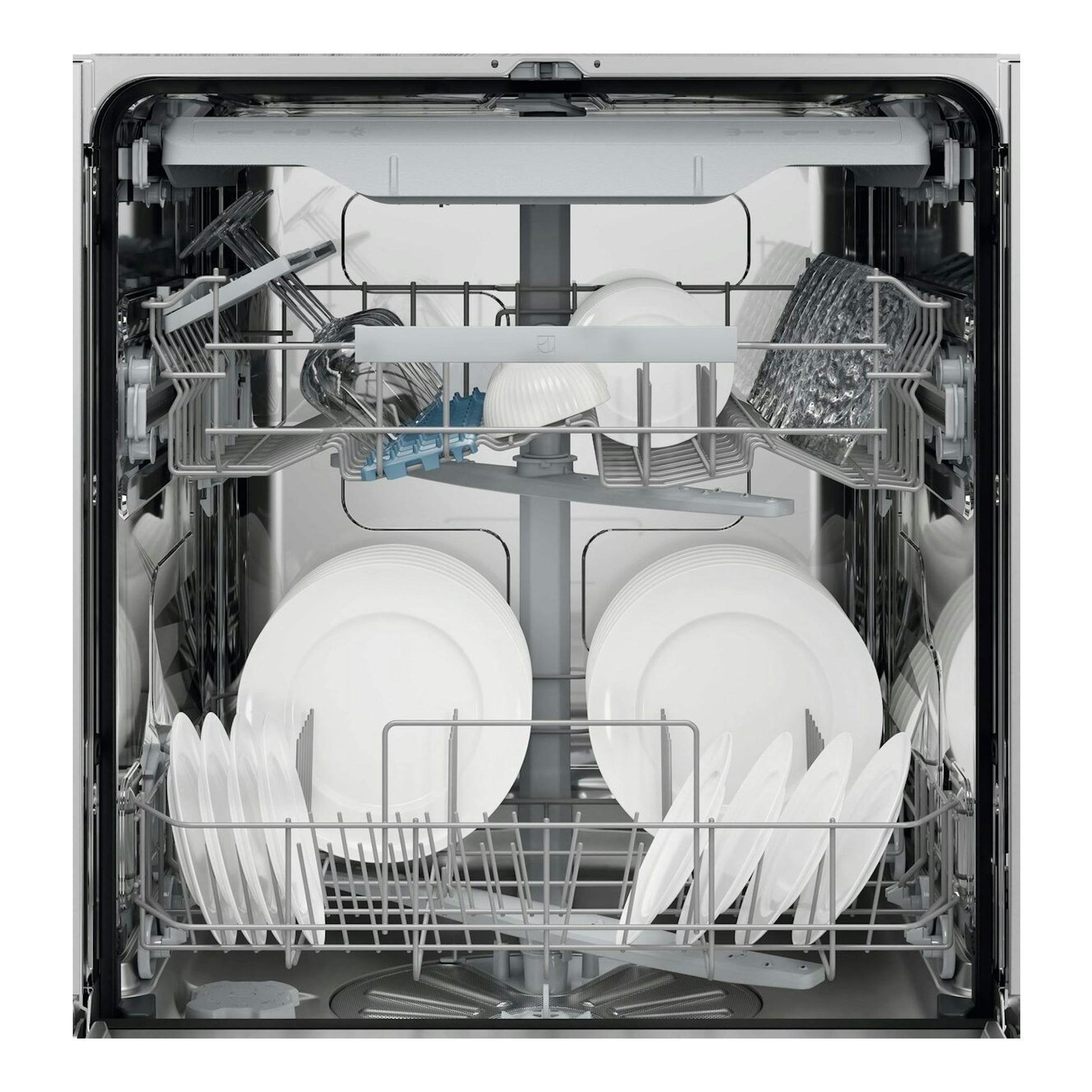 Interior de lavavajillas Electrolux E62LB202S, vista frontal abierta, con dos cestas grises y platos blancos.