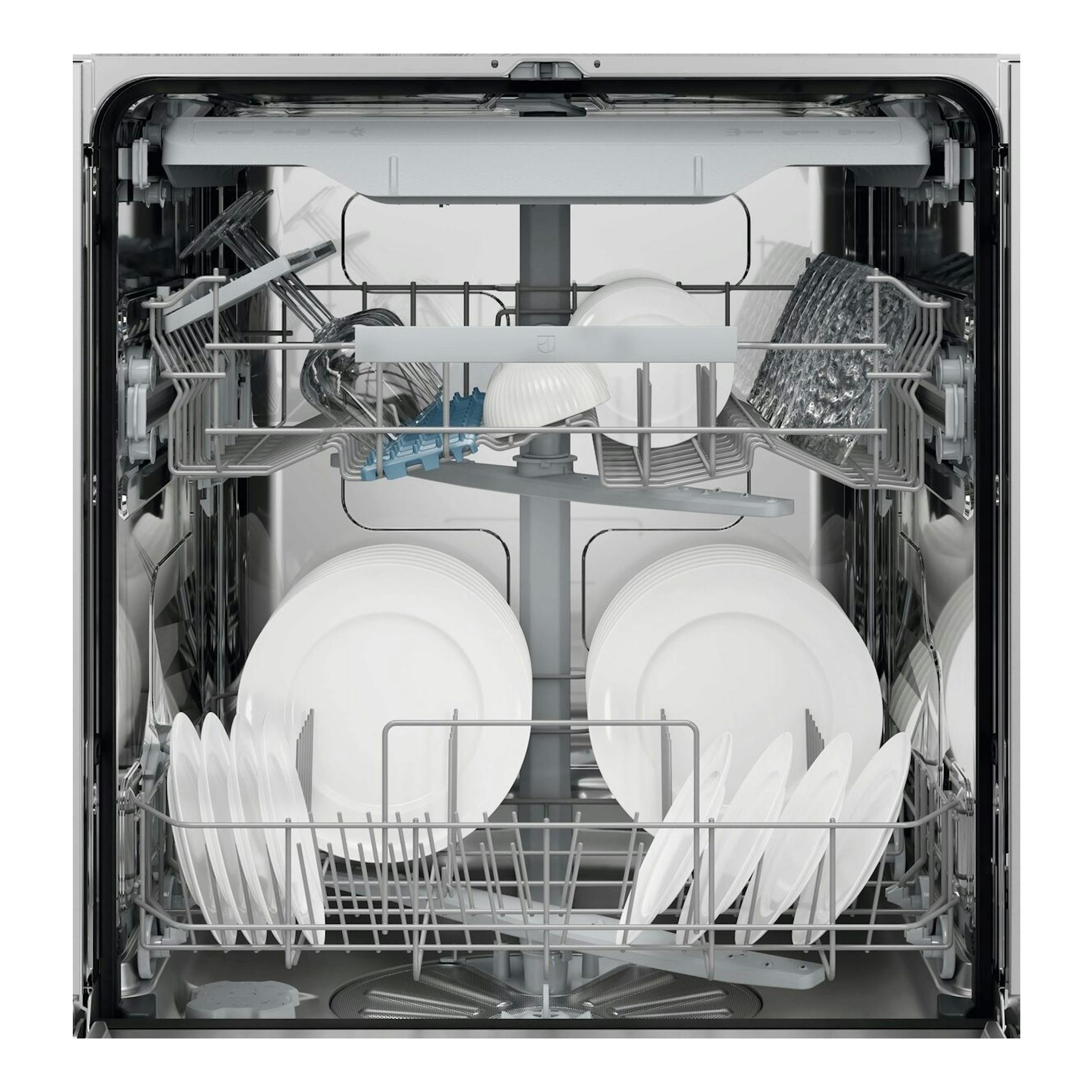 Interior de lavavajillas Electrolux E62LB202S, vista frontal abierta, con dos cestas grises y platos blancos.
