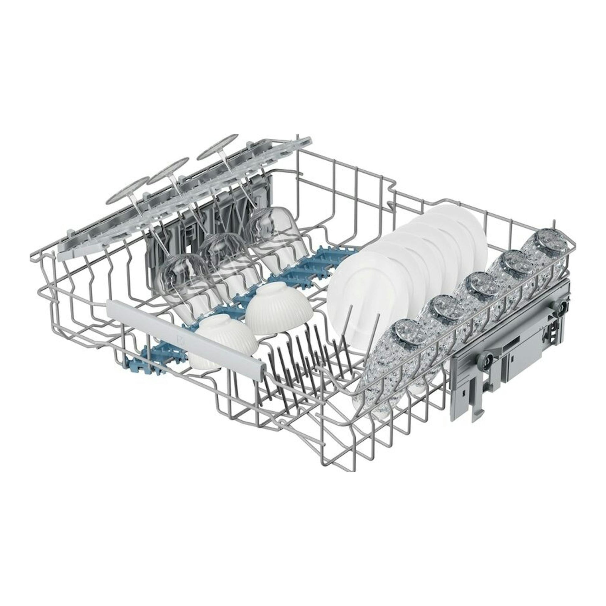 Lavavajillas Electrolux E62LB100S, cesta interior con platos y vasos, vista en perspectiva.