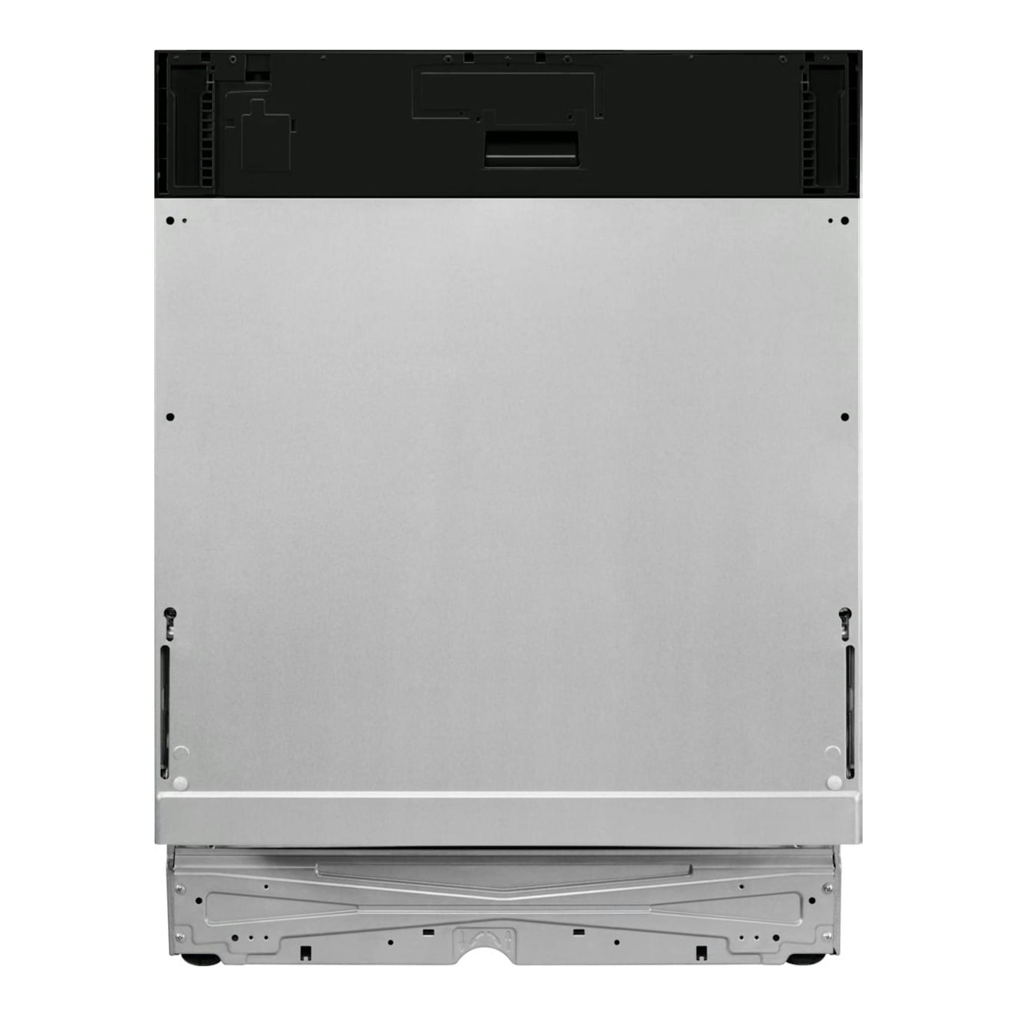 Lavavajillas integrable Electrolux E62LB202S, vista trasera, panel metálico plateado y parte superior negra.