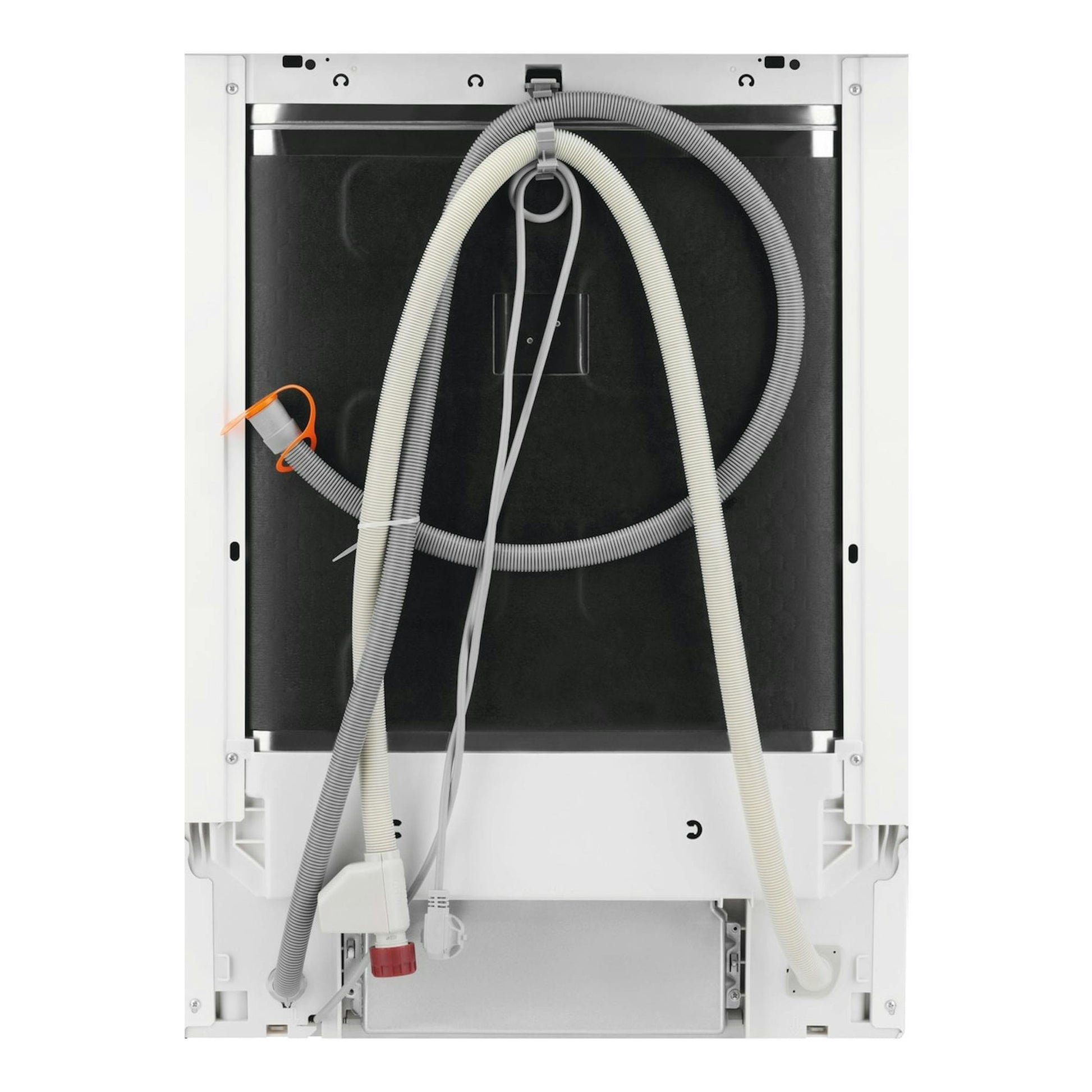 Lavavajillas integrable Electrolux E62LB202S, vista trasera, con mangueras y cables, en blanco y negro