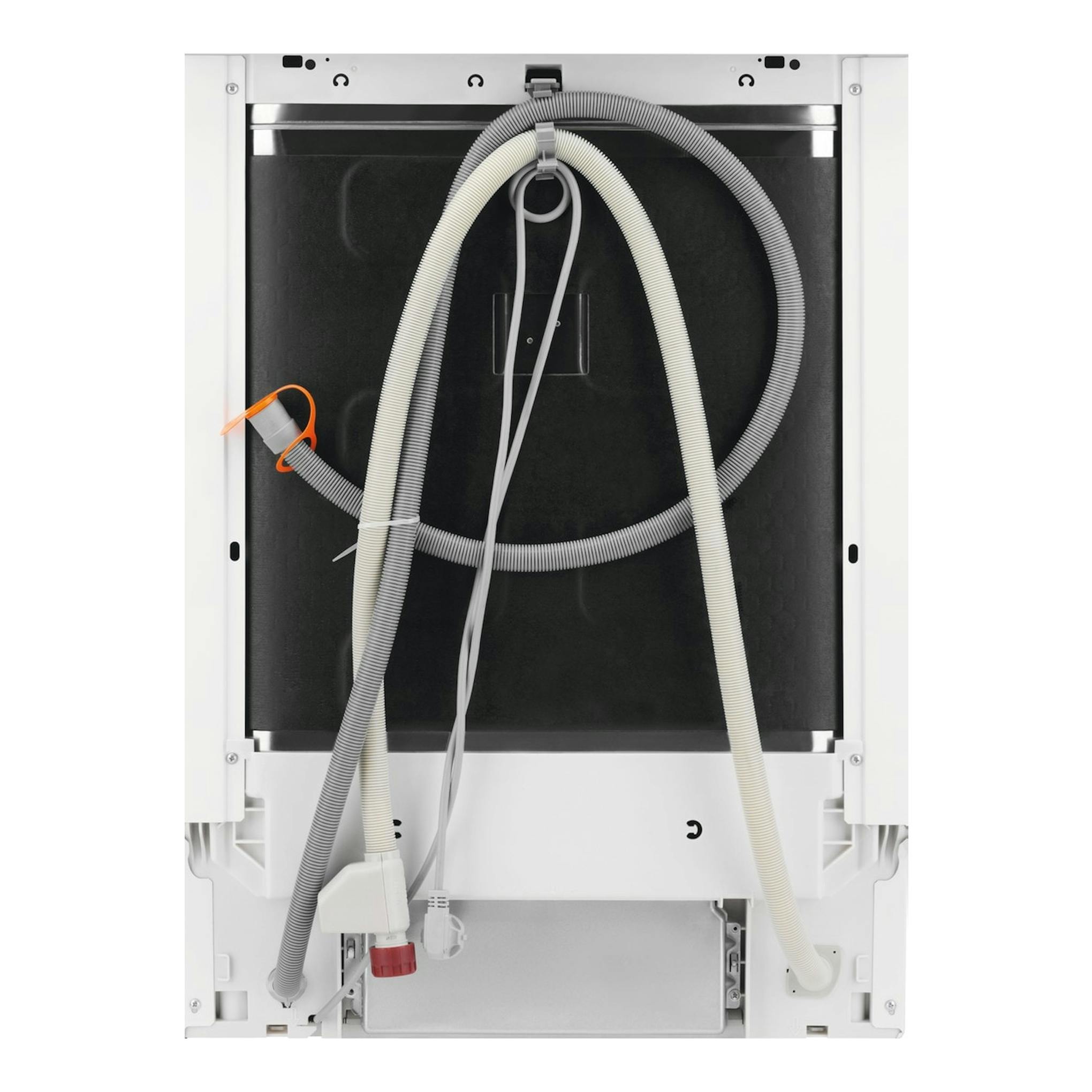 Lavavajillas integrable Electrolux E62LB202S, vista trasera, con mangueras y cables, en blanco y negro
