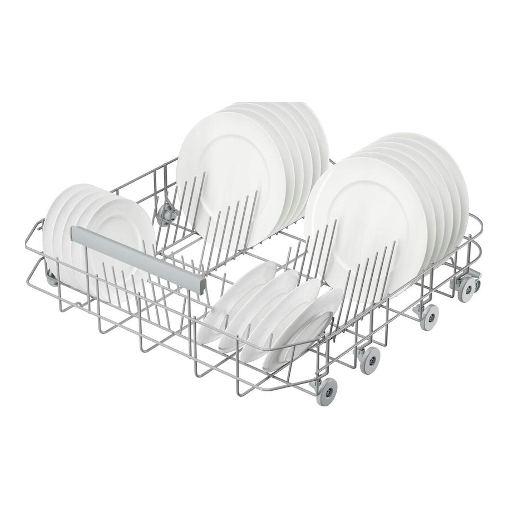 Electrolux E62LB100S: cesta de lavavajillas con platos blancos, vista en ángulo sobre fondo blanco.