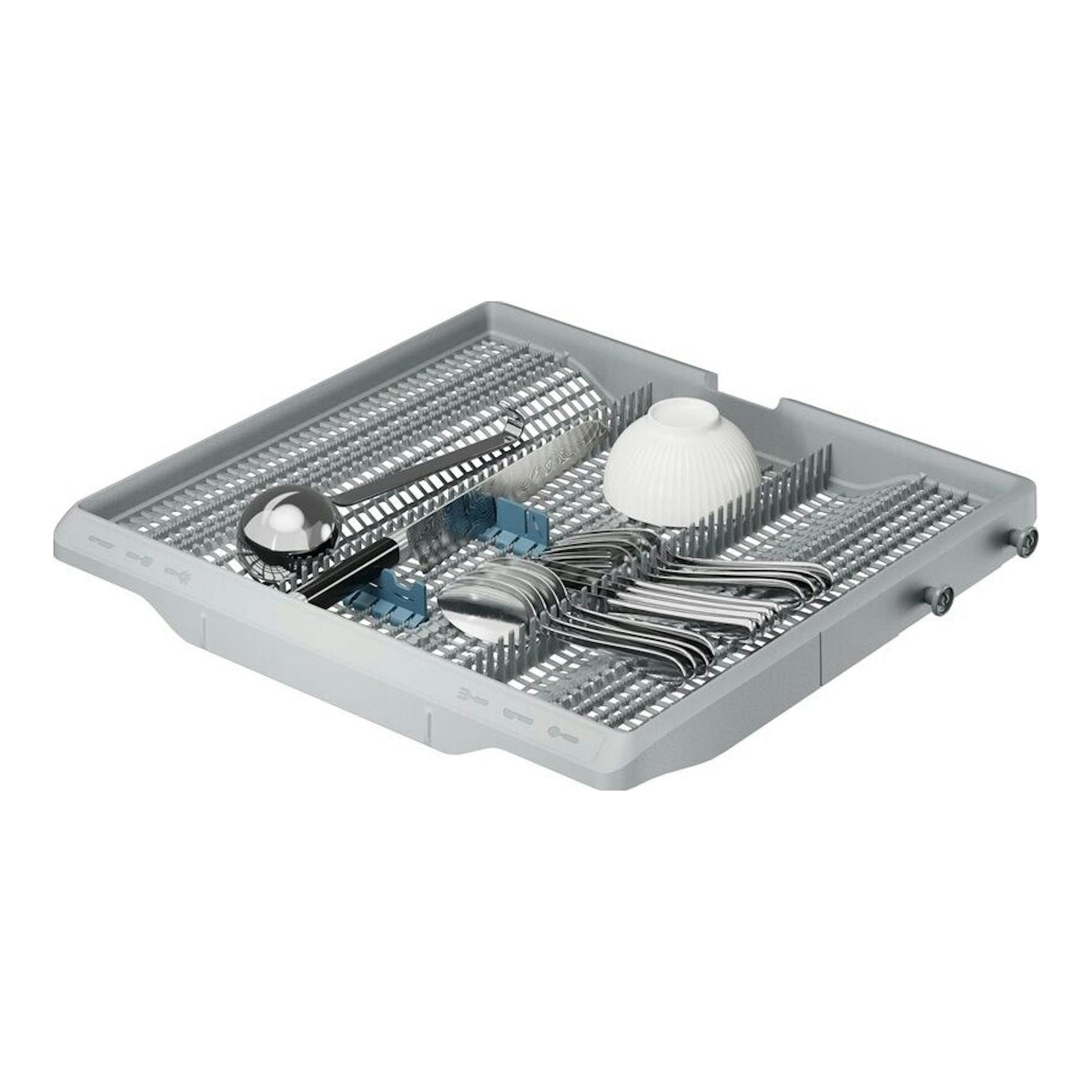 Vista en perspectiva de la bandeja superior gris de un lavavajillas Electrolux E62LB202S, con cubiertos y tazas.