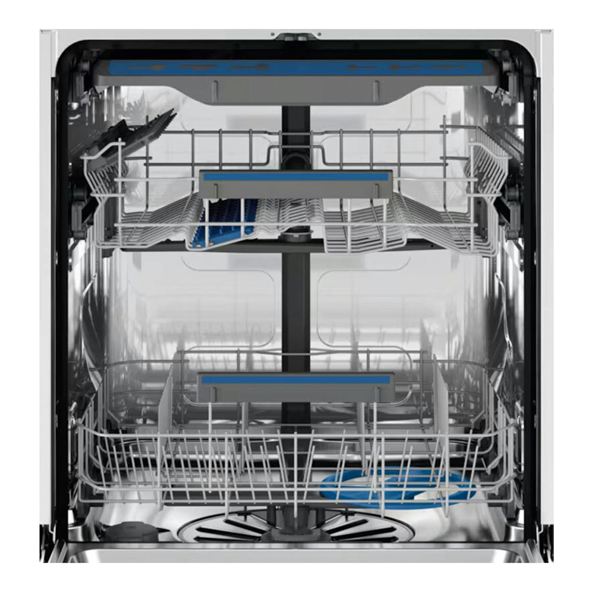 Interior de lavavajillas Electrolux ESM48400SX de acero inoxidable, vista frontal con cestas y bandejas.