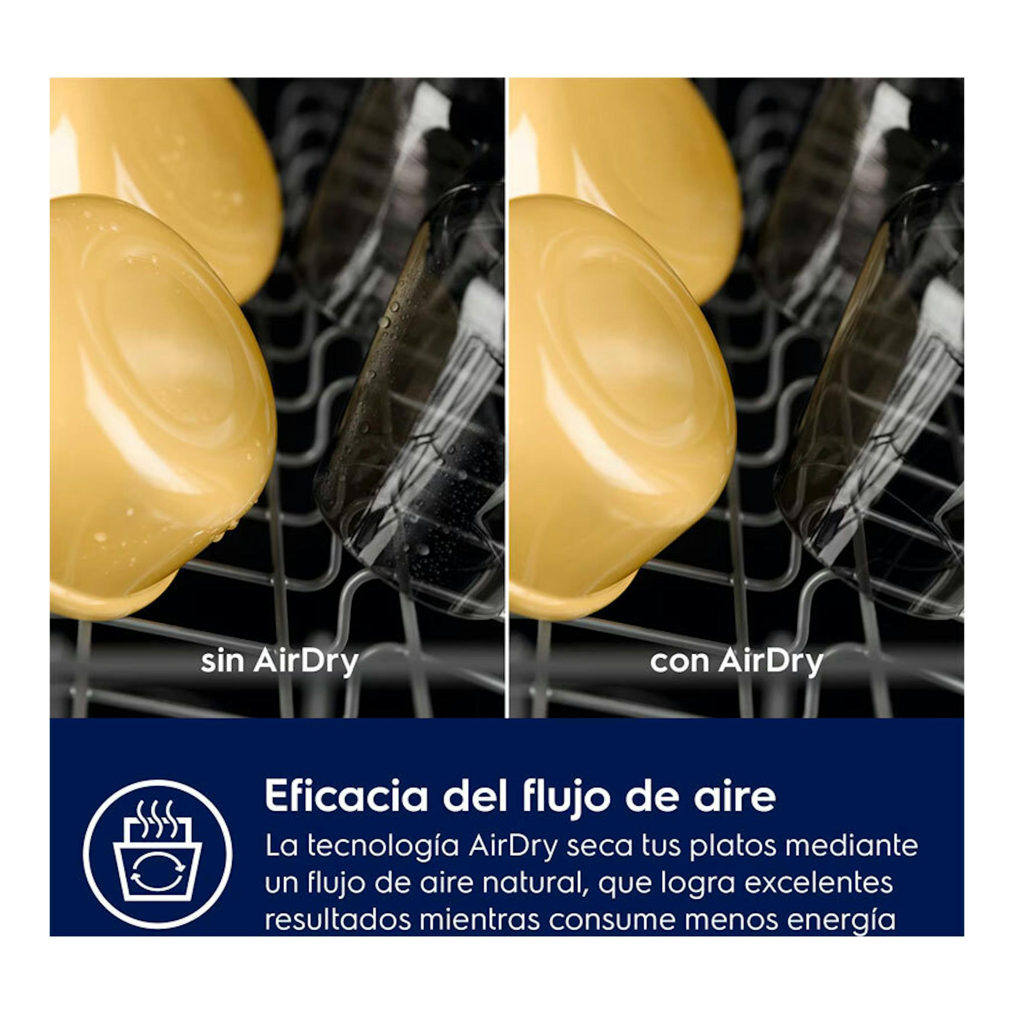 Electrolux ESM48400SX: comparación en primer plano de platos y vasos en lavavajillas, sin y con AirDry.