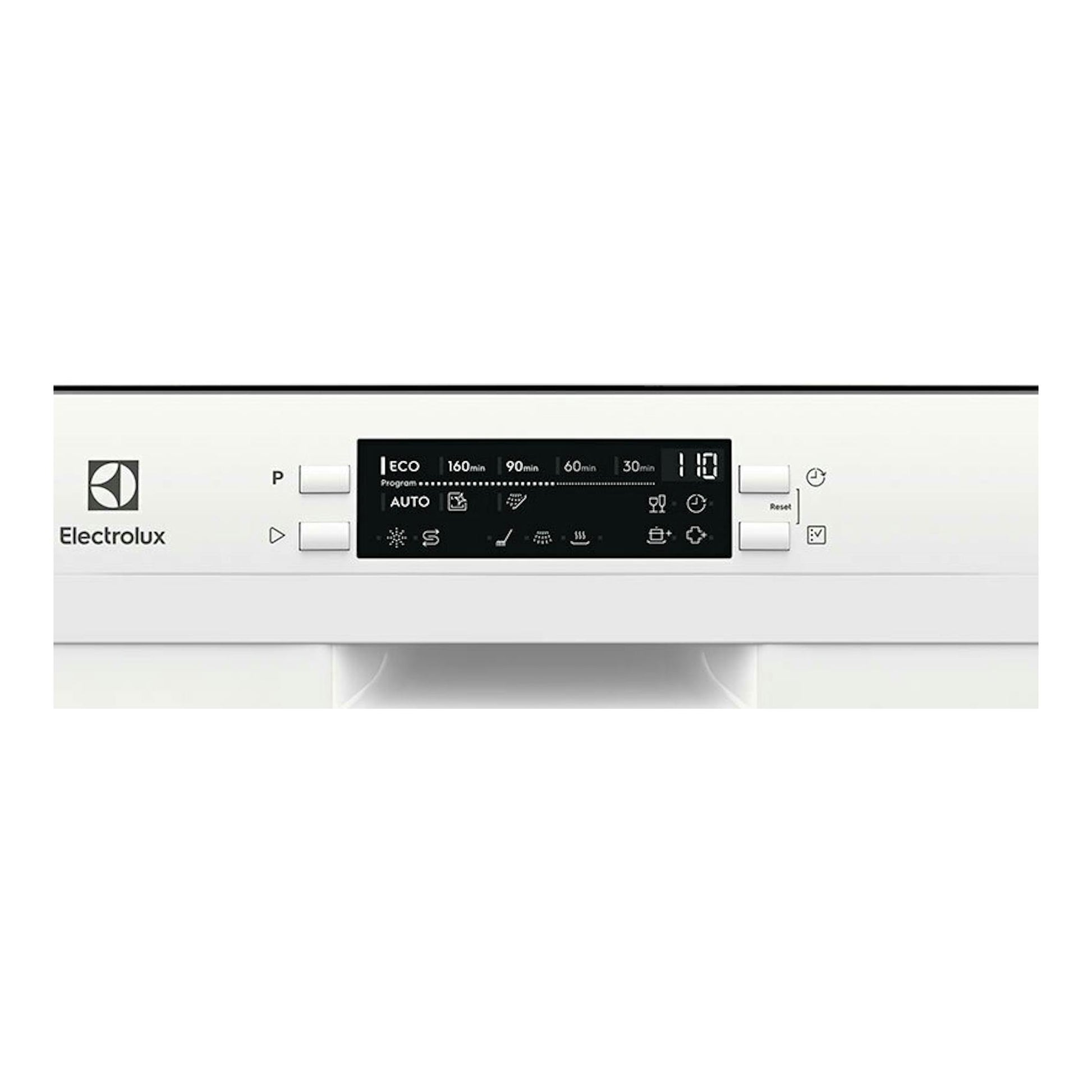Lavavajillas Electrolux ESS42220SW blanco, vista frontal del panel de control con display negro.