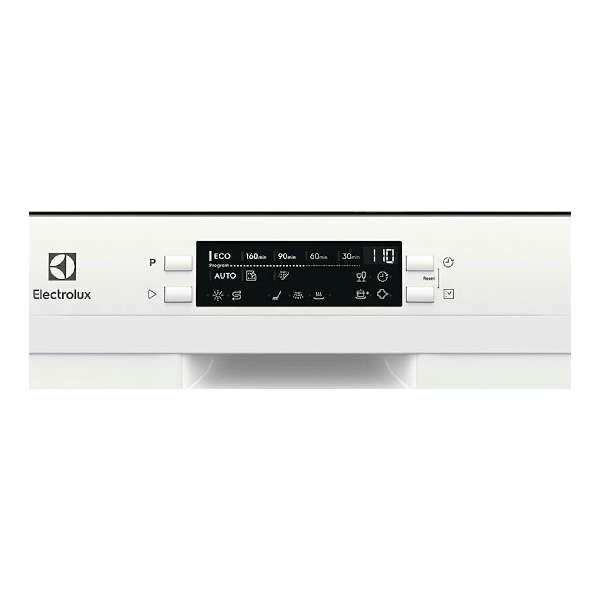 Lavavajillas Electrolux ESS42220SW blanco, vista frontal del panel de control con display negro.