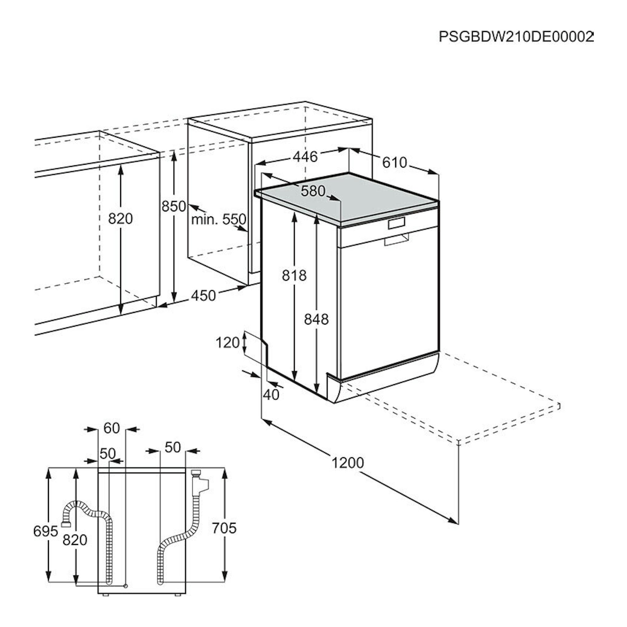 Lavavajillas Electrolux ESS42220SX blanco, vista técnica con medidas de instalación y conexiones.