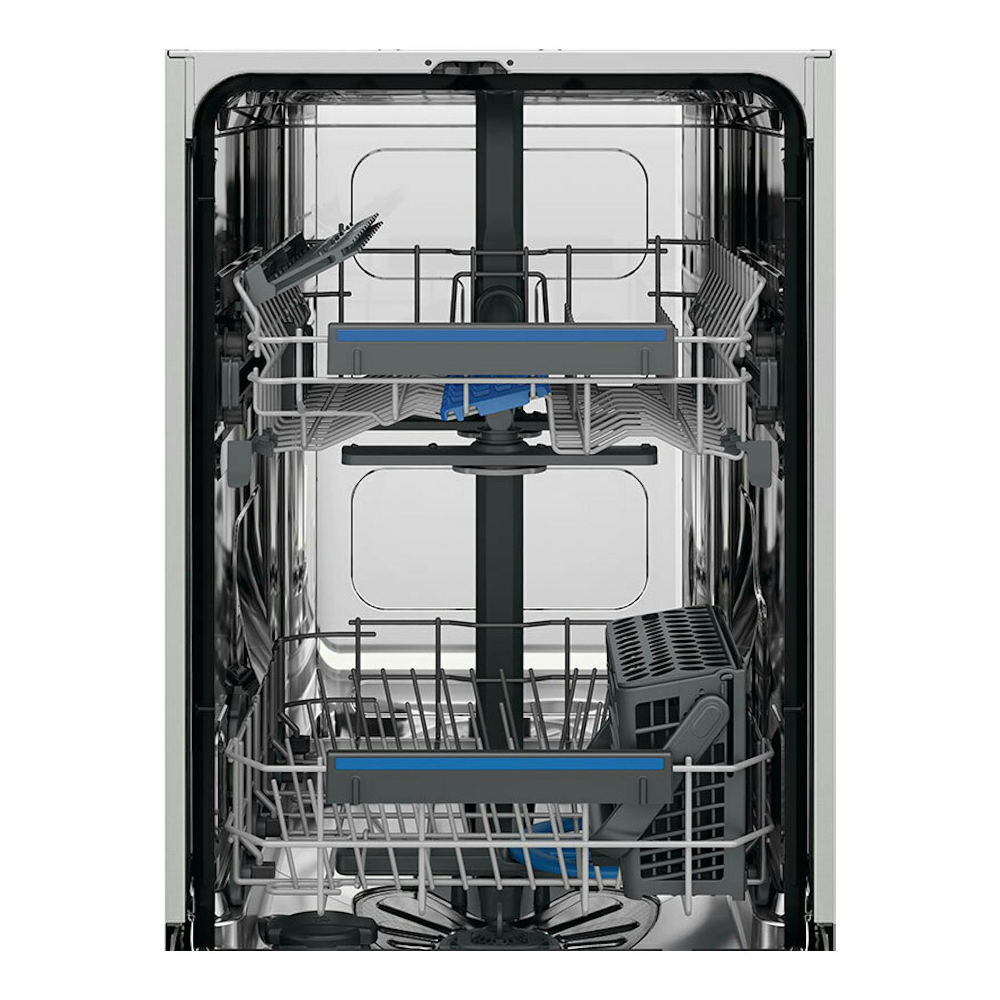 Interior de lavavajillas Electrolux ESS42220SX de 45 cm, vista frontal con cestas y brazos rociadores.