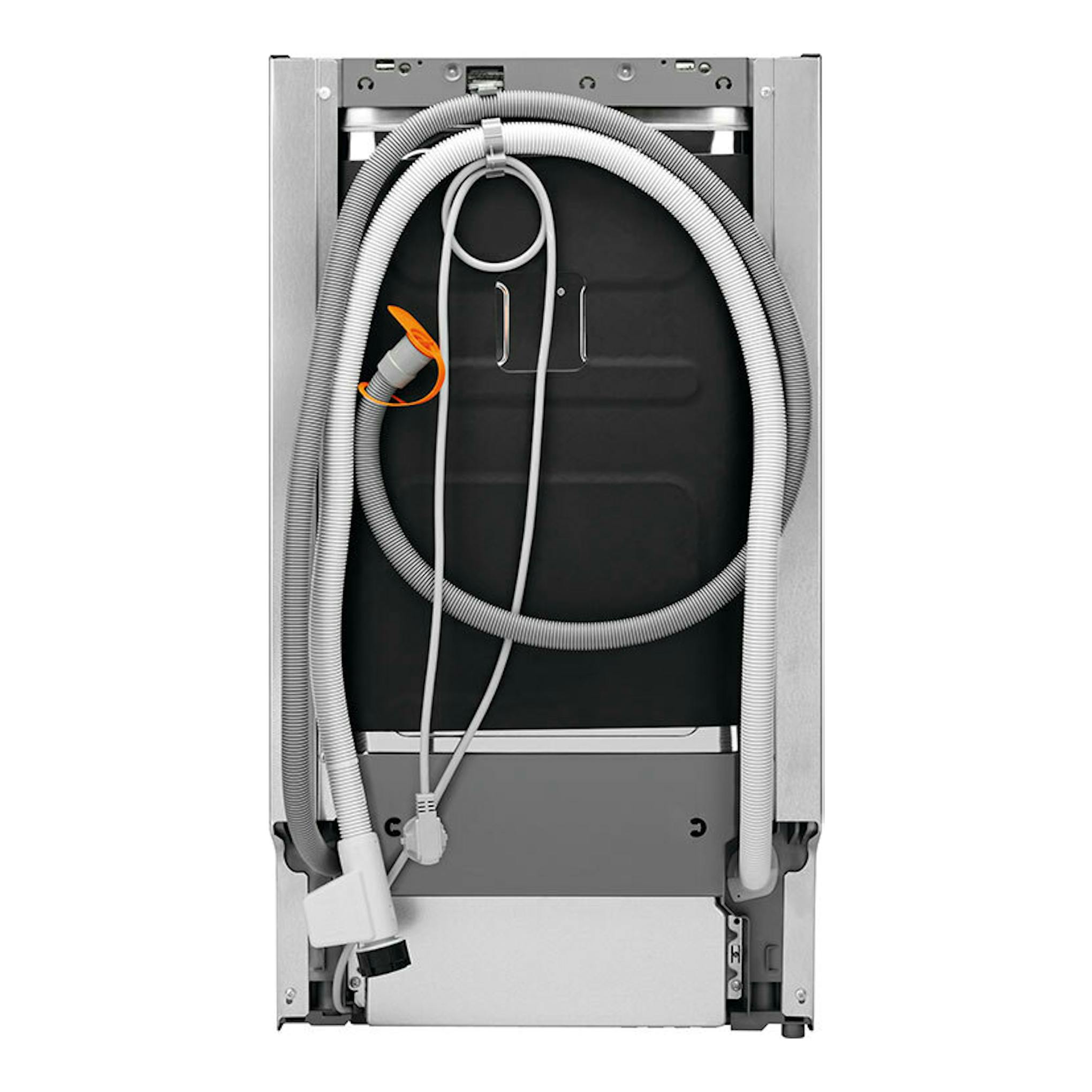 Lavavajillas Electrolux ESS42220SX, vista trasera, con mangueras y cableado visibles, acabado acero.