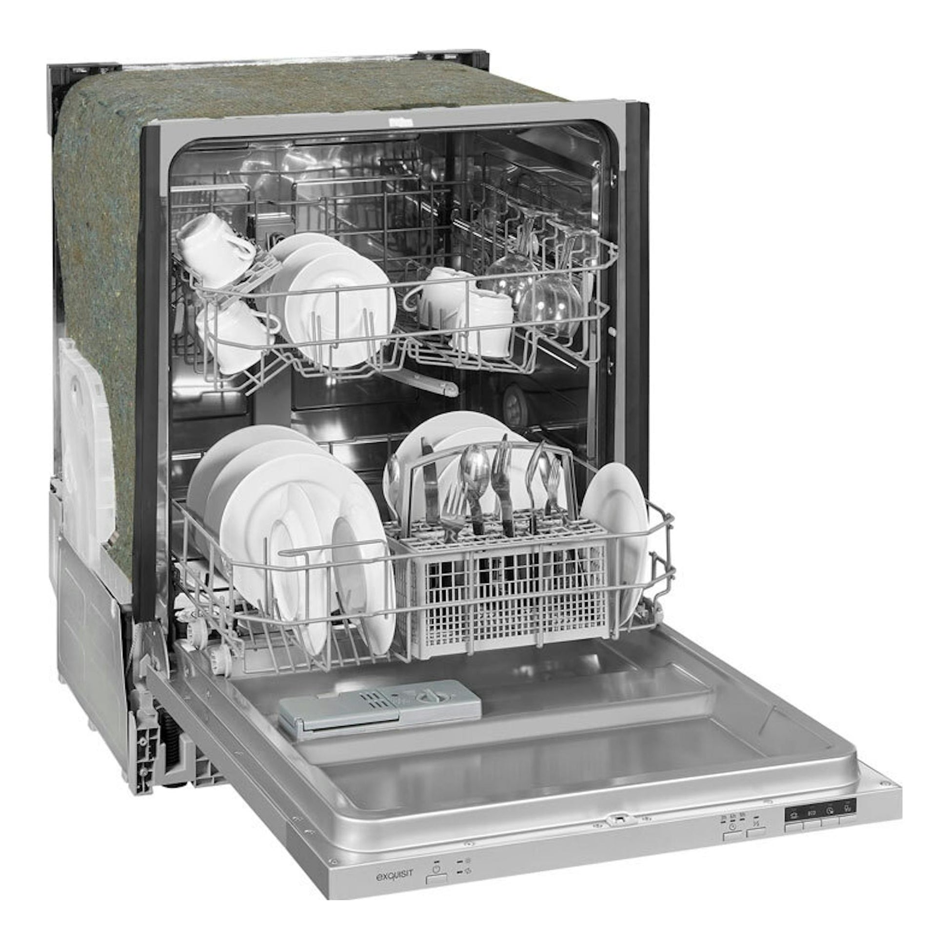Lavavajillas Exquisit EGSP6312-E-030E inox, vista frontal con puerta abierta y vajilla dentro.