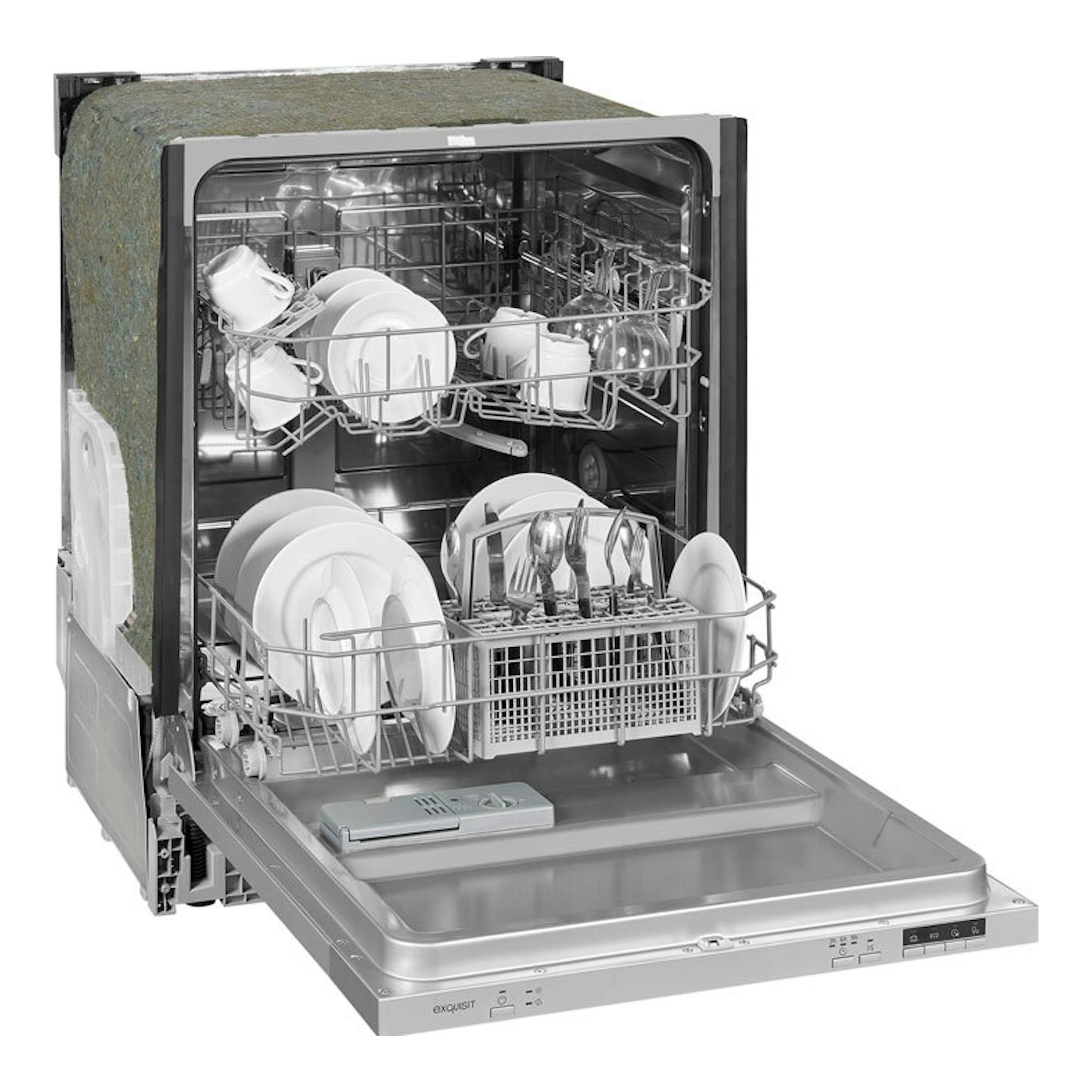 Lavavajillas Exquisit EGSP6312-E-030E inox, vista frontal con puerta abierta y vajilla dentro.