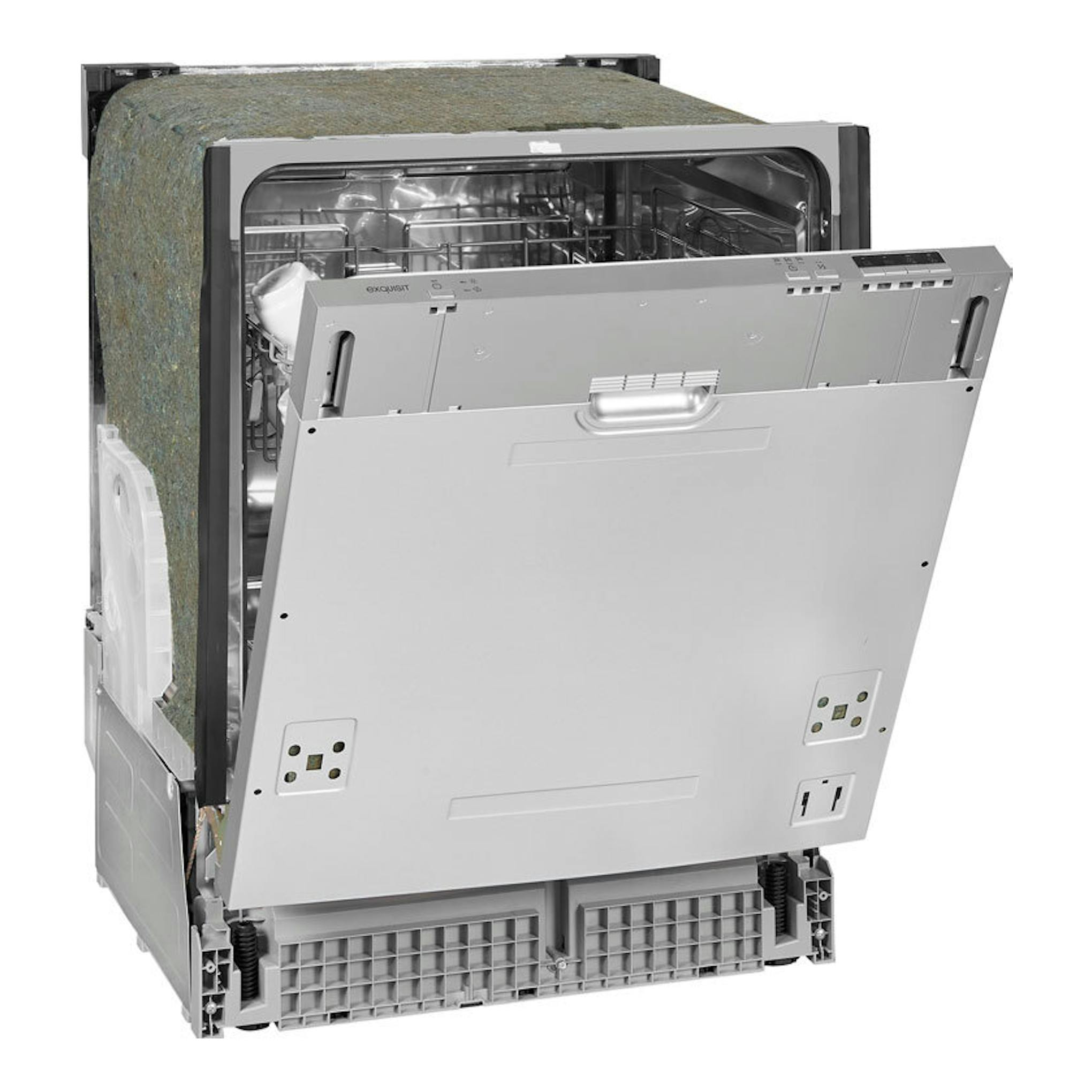 Lavavajillas integrado Exquisit EGSP6312-E-030E en inox, vista frontal con la puerta abierta.