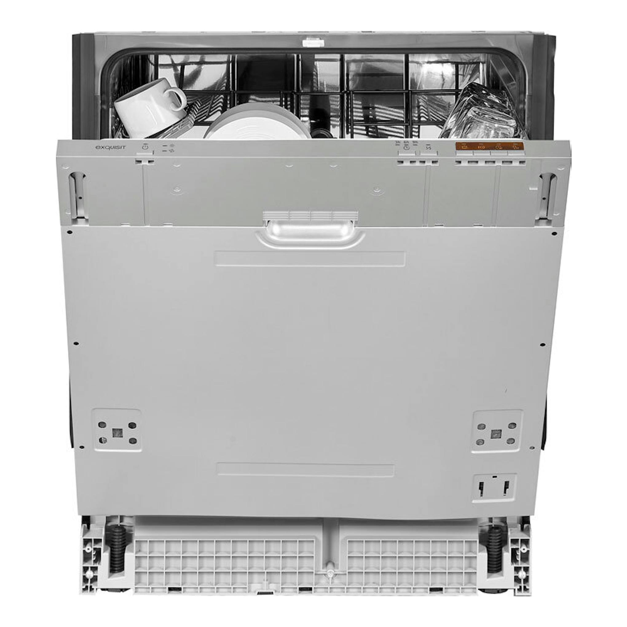 Lavavajillas Exquisit EGSP6312-E-030E inox, vista frontal con la puerta abierta y cestas interiores.