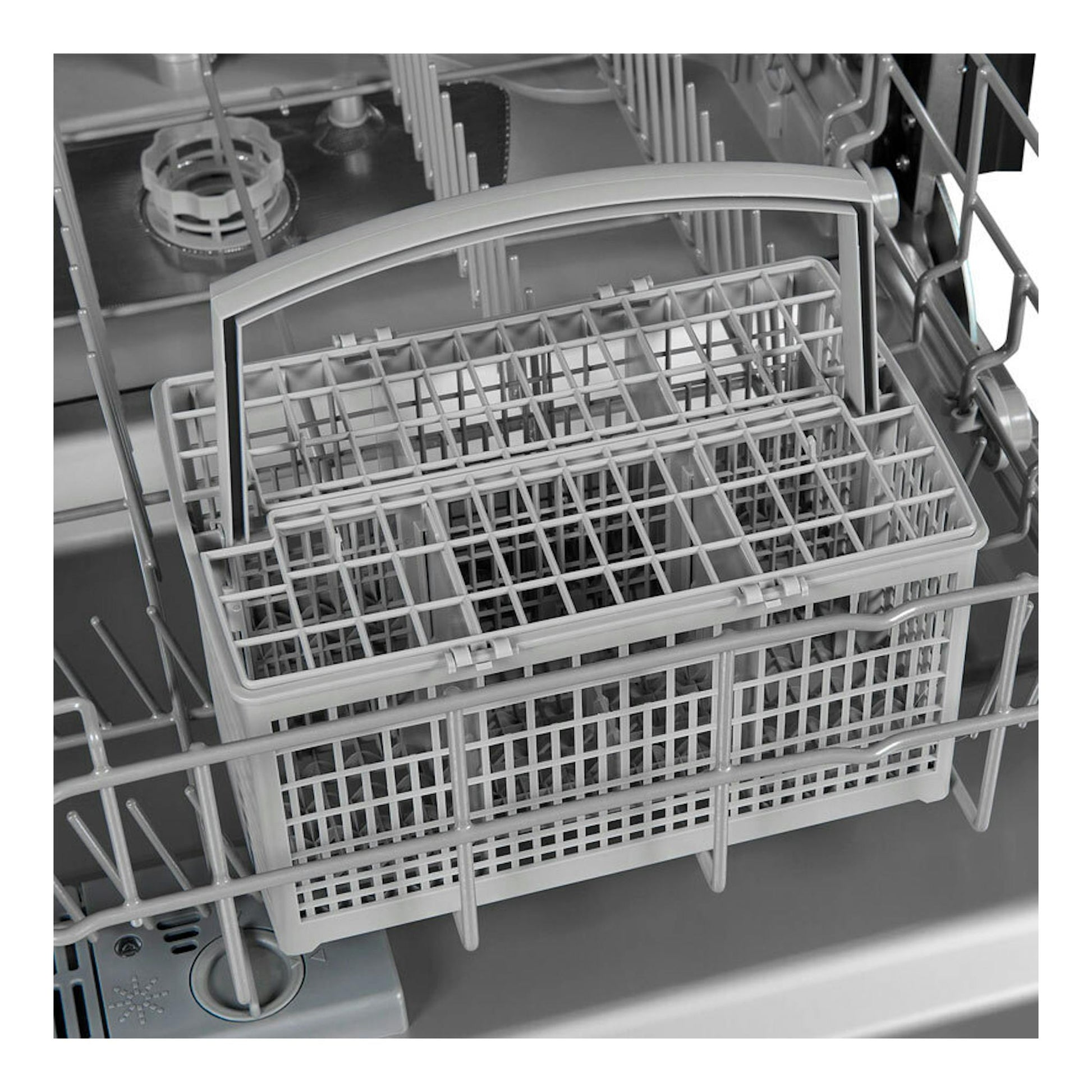 Interior de lavavajillas Exquisit EGSP6312-E-030E en acero inox, con cesta para cubiertos.