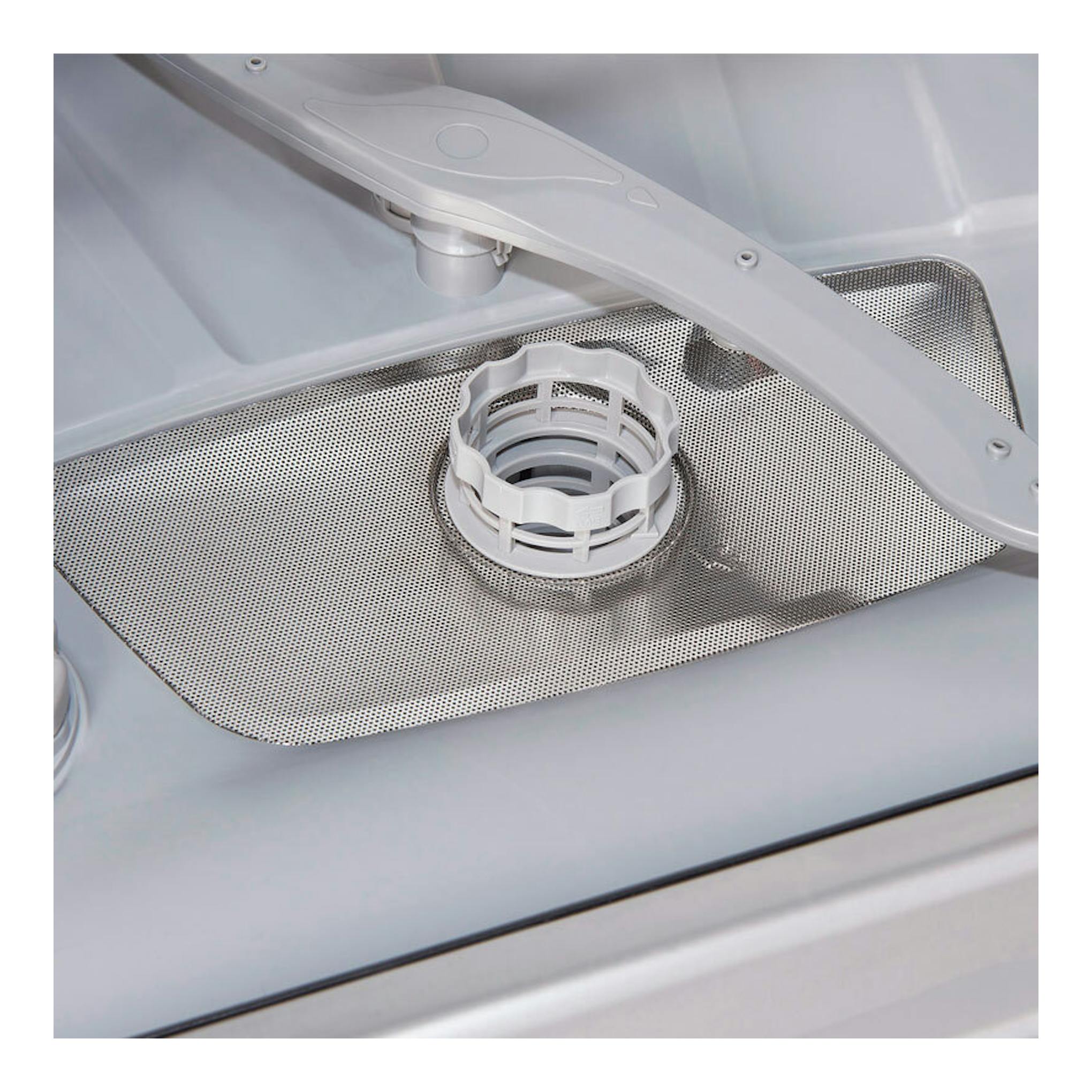 Lavavajillas Exquisit EGSP6312-E-030E inox, primer plano del filtro y brazo rociador gris.