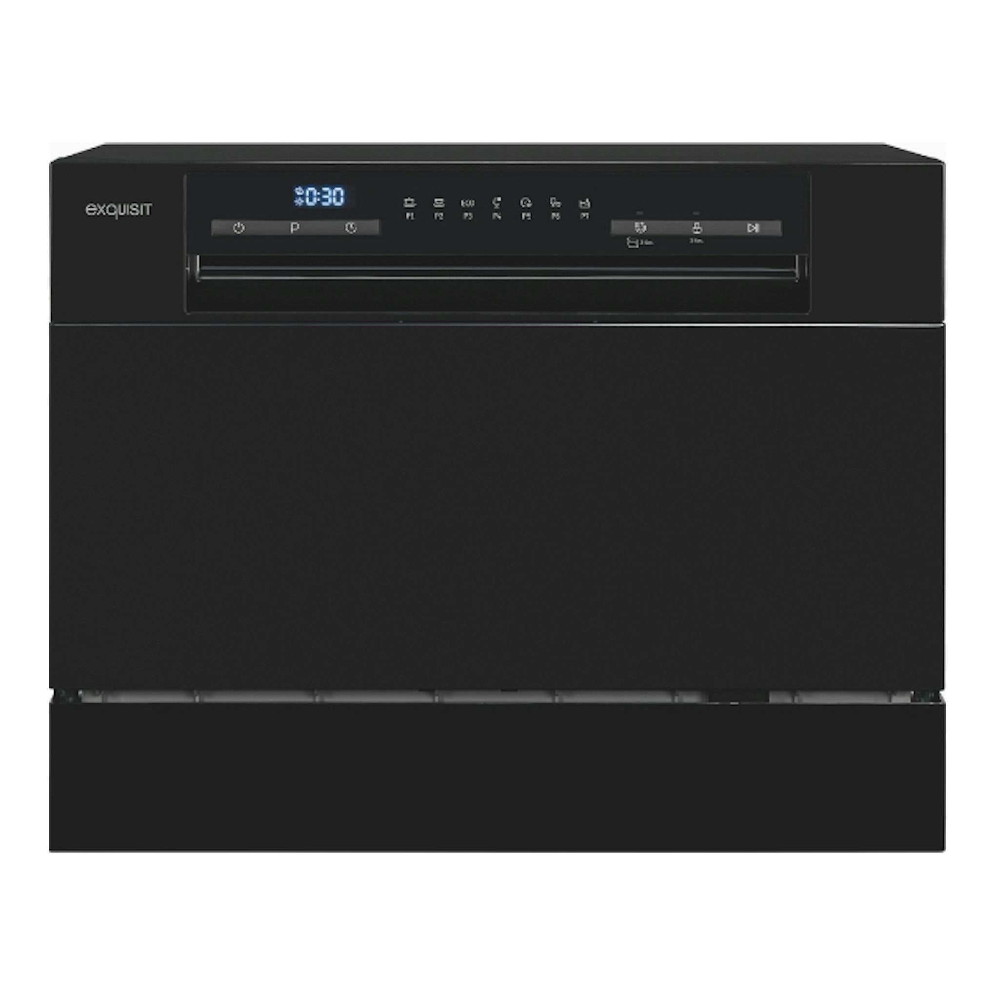Lavavajillas Exquisit GSP206-030D negro, vista frontal, con panel digital superior.