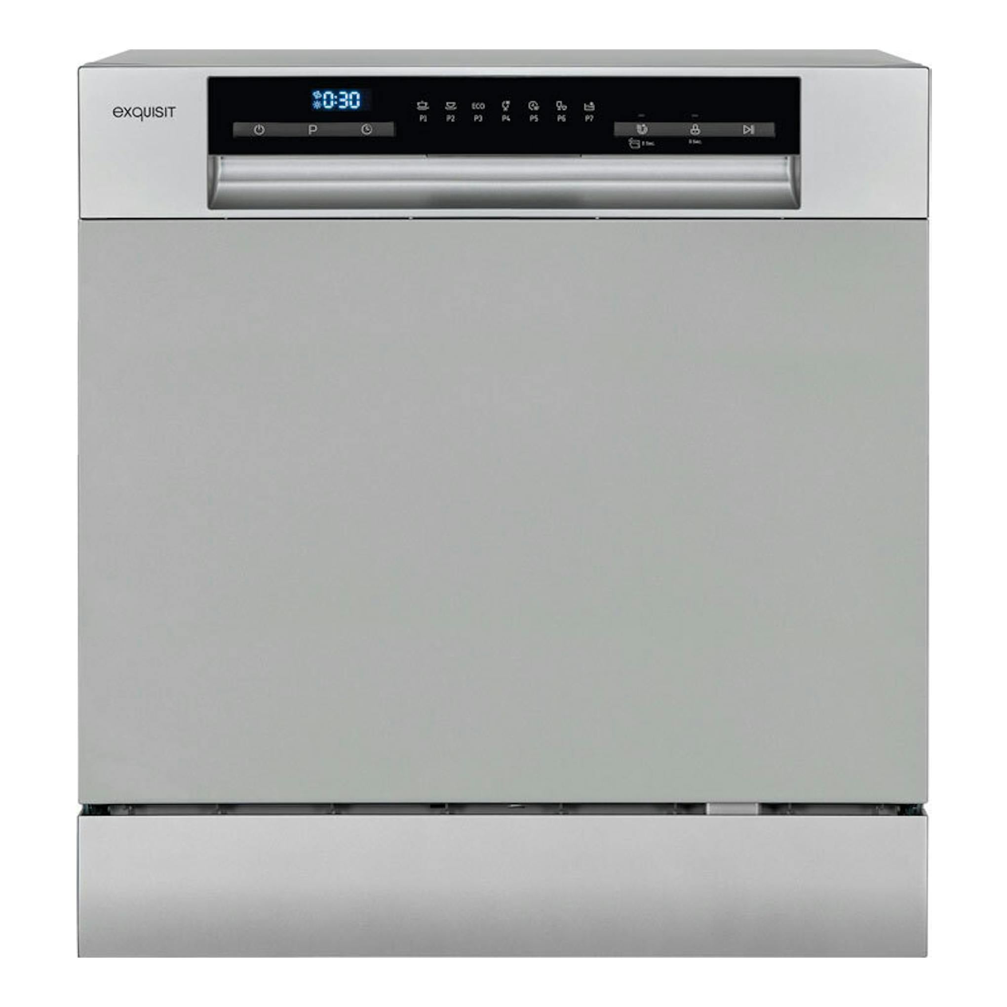 Lavavajillas Exquisit GSP508-030D Inox, vista frontal en acero inoxidable con panel digital superior.