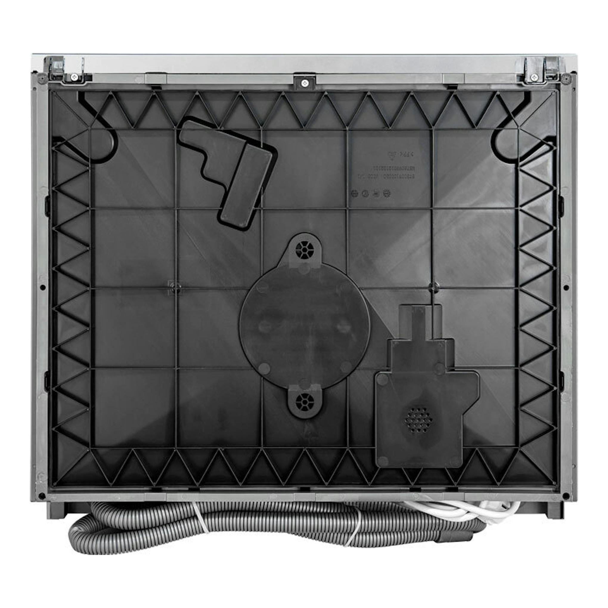 Lavavajillas Exquisit GSP508-030D Inox, vista trasera con panel negro, bordes metálicos y mangueras visibles.