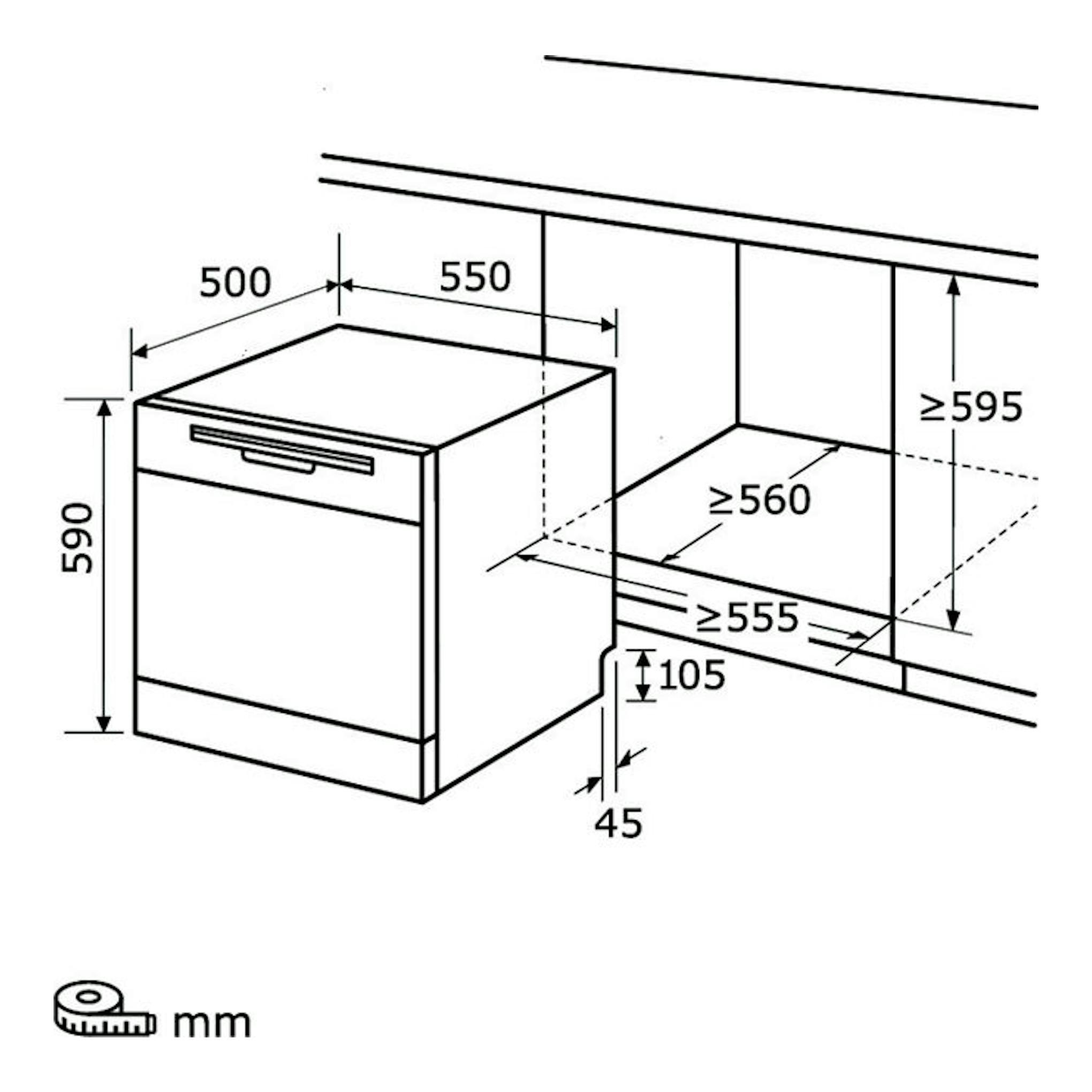 Diagrama de instalación de lavavajillas Exquisit GSP508-030D Inox, vista frontal con medidas en mm.