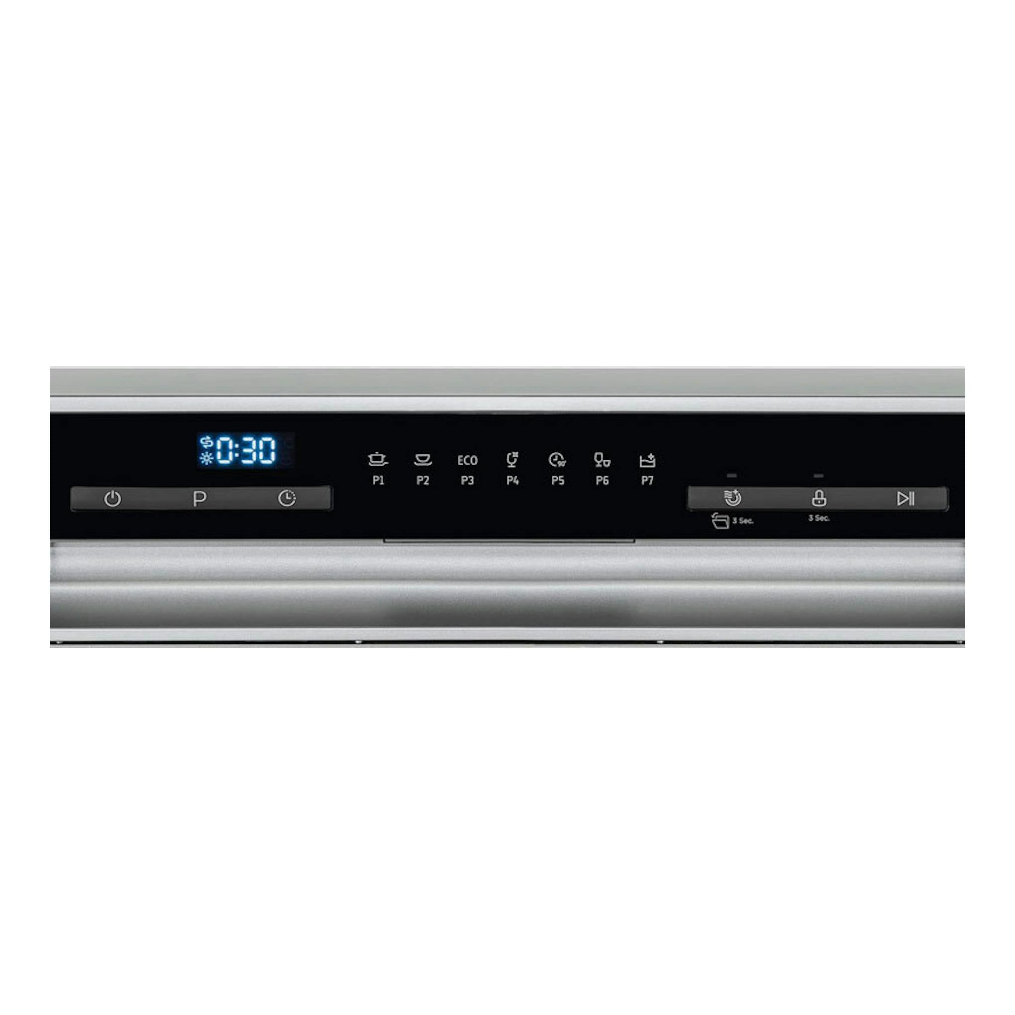 Lavavajillas Exquisit GSP508-030D Inox, vista frontal parcial en acero inoxidable, panel digital con 0:30.