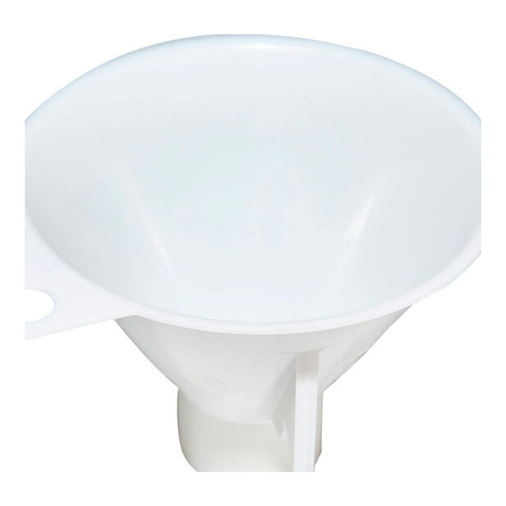 Embudo blanco de plástico, vista frontal ligeramente superior, con asa lateral.