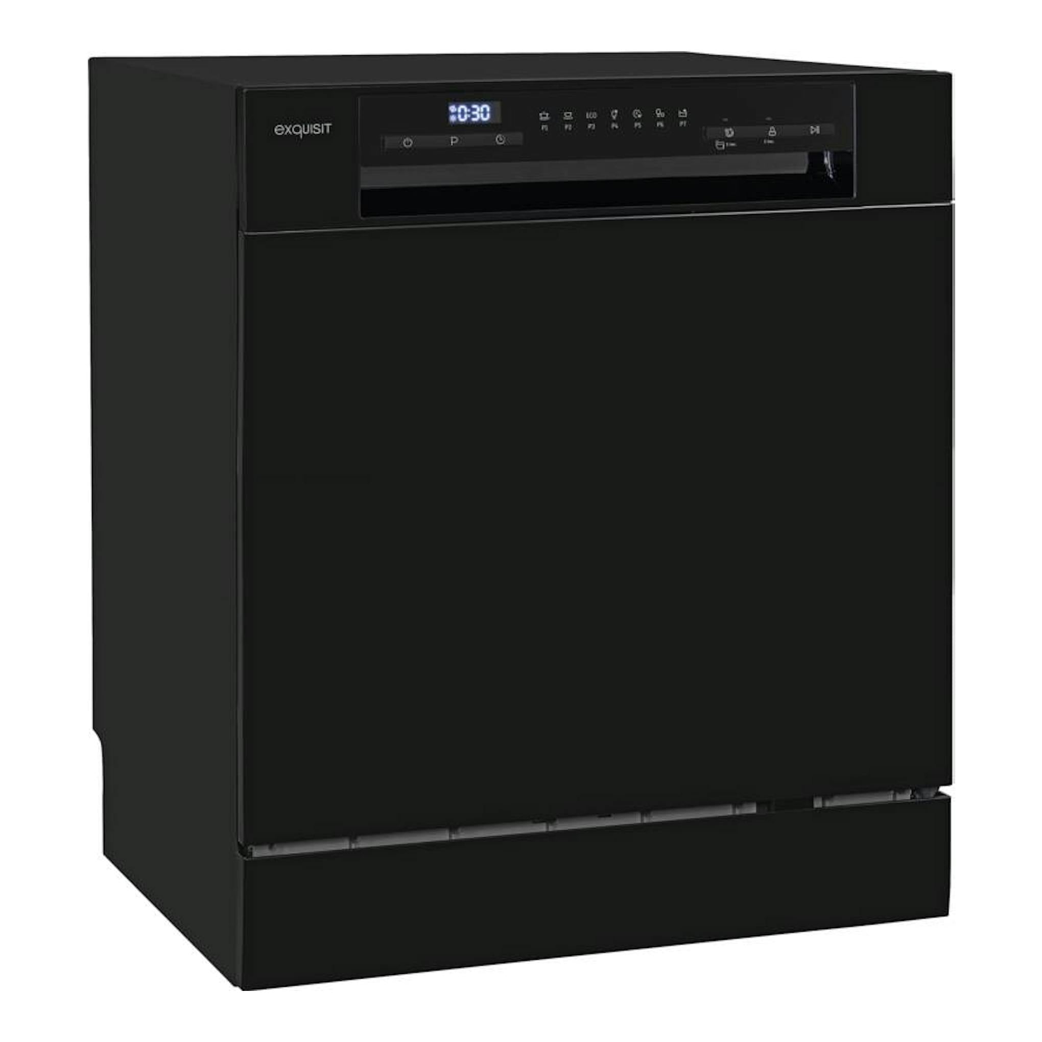 Lavavajillas Exquisit GSP508-030D negro, vista frontal con panel de control superior y display digital.