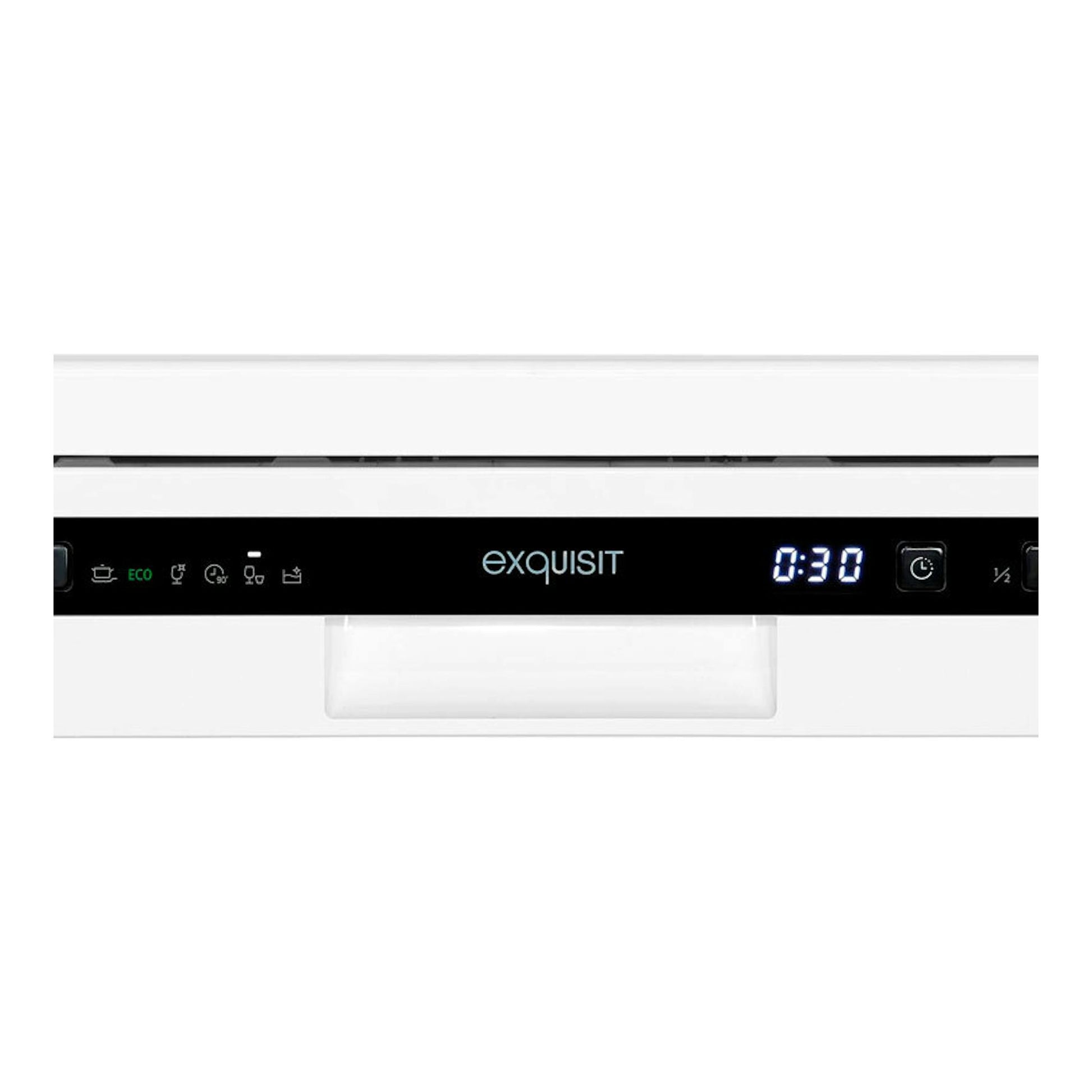 Lavavajillas Exquisit GSP6312-030E blanco, vista frontal parcial con panel negro y display digital 0:30.