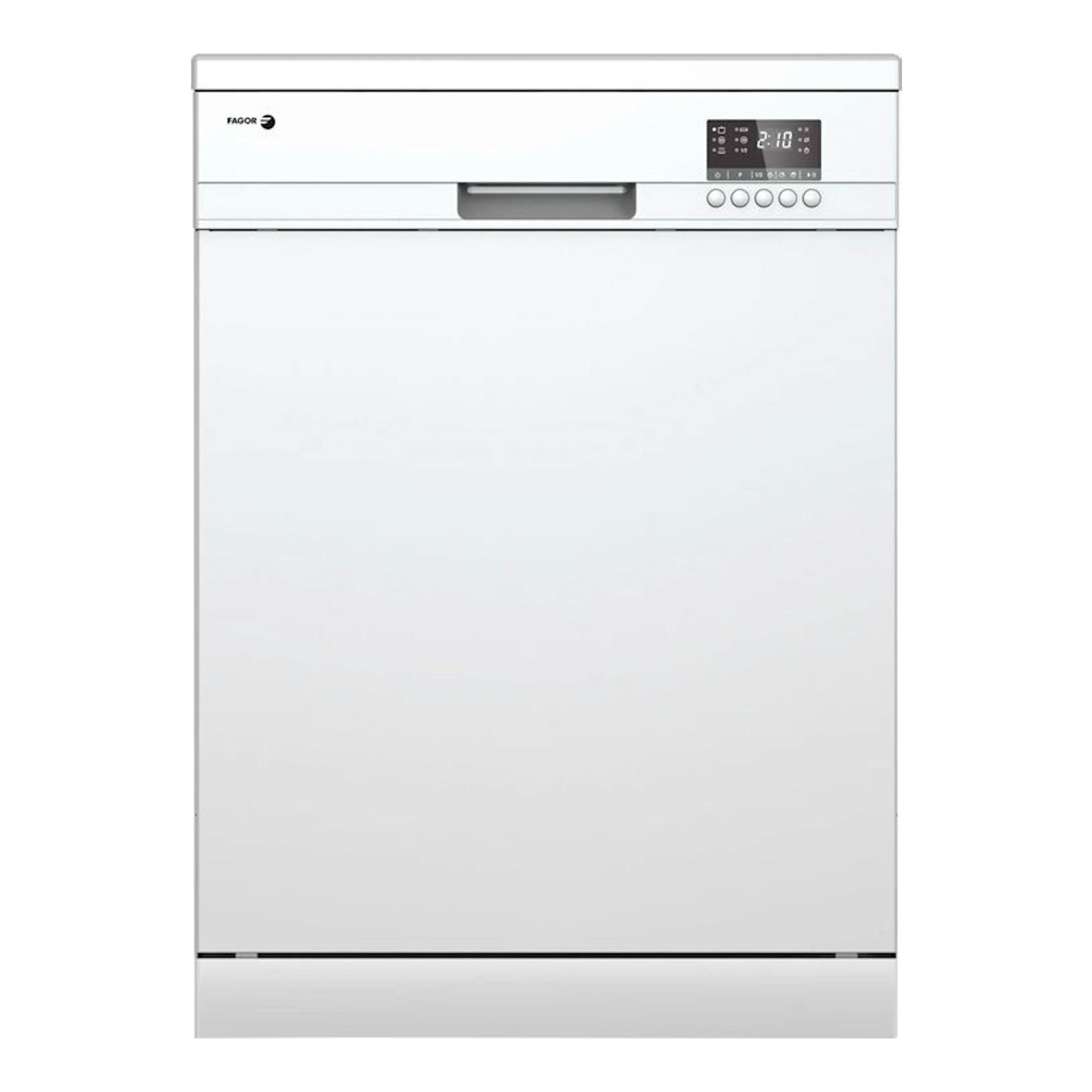 Lavavajillas Fagor 3LVF-625 blanco, vista frontal, con panel digital superior y botones.