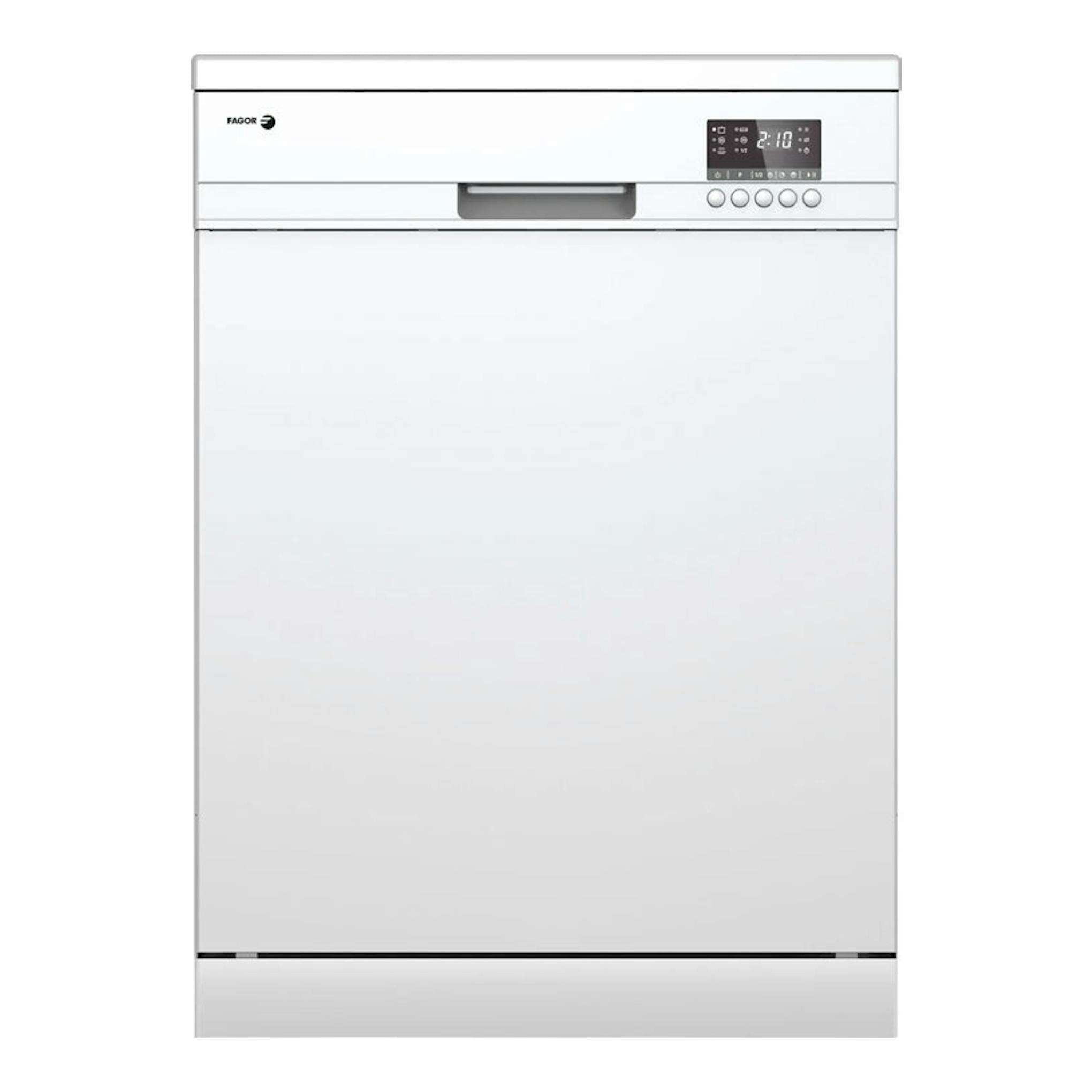Lavavajillas Fagor 3LVF-625 blanco, vista frontal, con panel digital superior y botones.