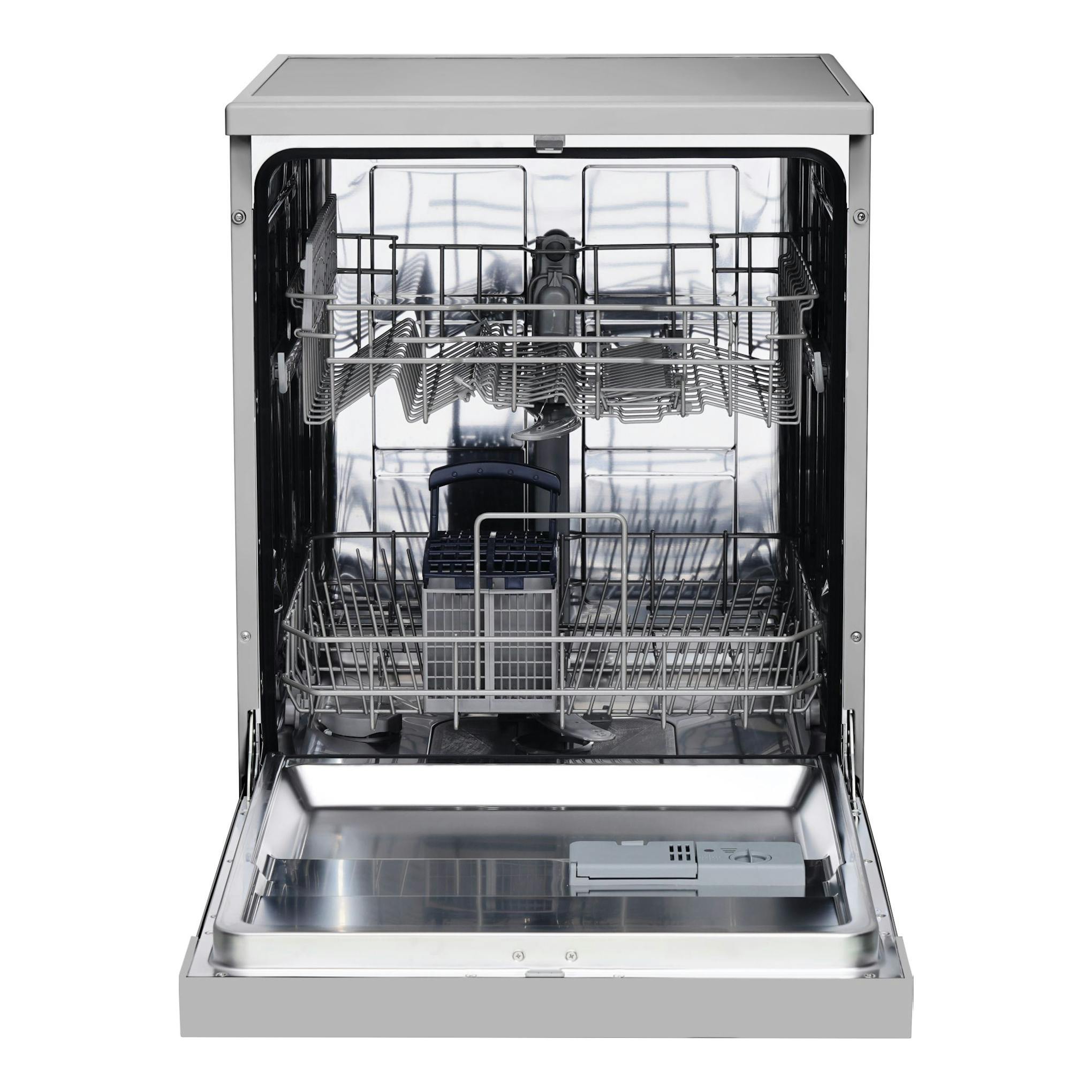 Lavavajillas Fagor 3LVF-625X abierto, vista frontal, acabado inox, con cestas interiores.